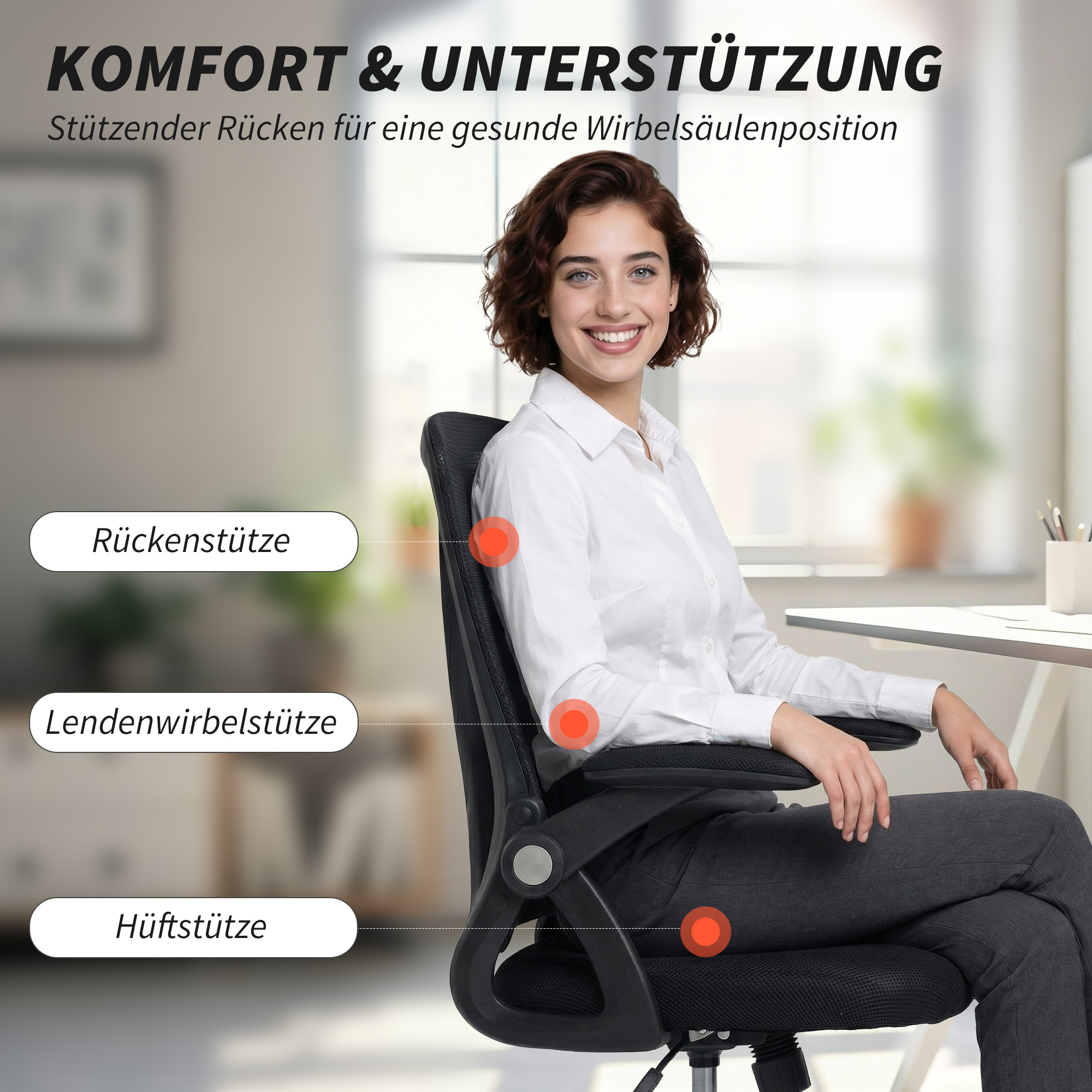 Bürostuhl Ergonomischer Höhenverstellbarer Schreibtischstuhl mit Hochklappbaren Armlehnen, Lendenwirbelstütze, Schwarz