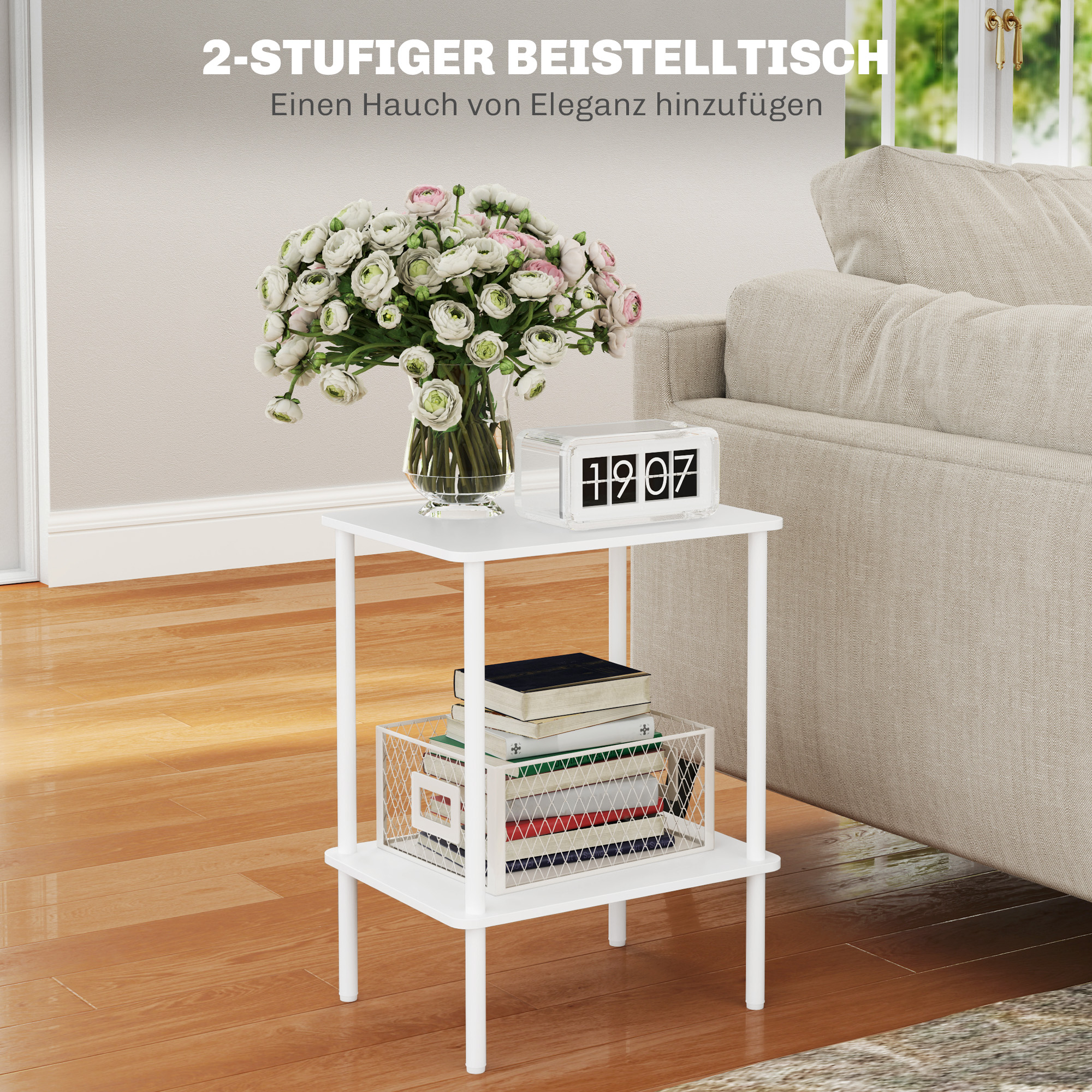 Moderner 2-stufiger Beistelltisch mit Aufbewahrungsfach und Metallrahmen für Wohnzimmer, Schlafzimmer, Weiß