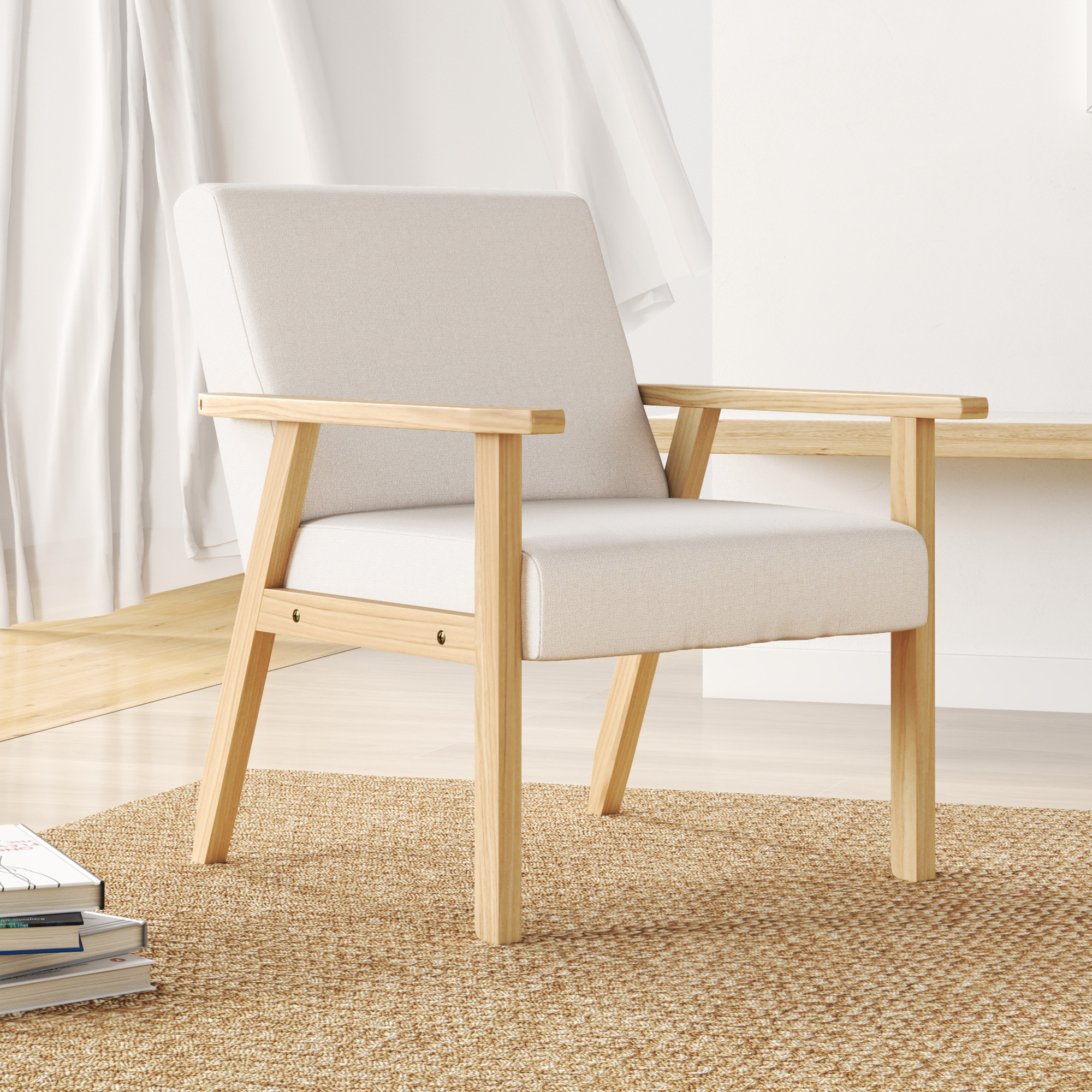 Polstersessel mit Armlehnen, Esszimmerstuhl in Leinenoptik, Massivholzrahmen, 64 x 70 x 72 cm, Creme