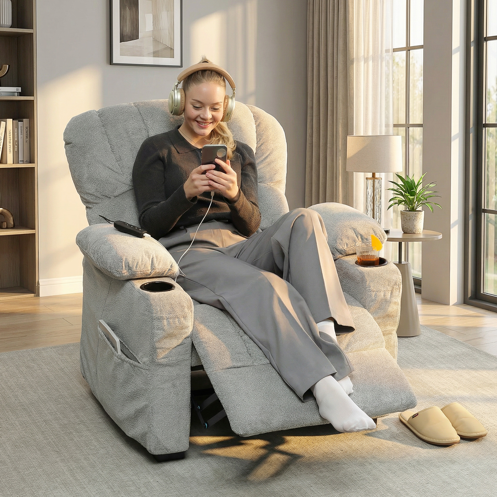 Relaxsessel Elektrisch Fernsehsessel mit Liegefunktion, USB, Getränkehalter, 2 Memory-Positionen für Wohnzimmer, Grau