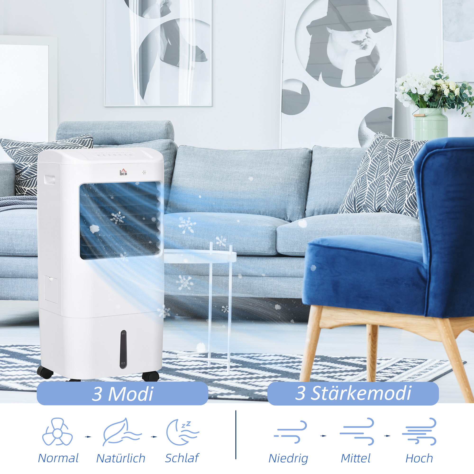 Luftkühler, Klimaanlage, 3 Modi, 7,5 Stunden-Timer, rollbar, Kunststoff, Weiß