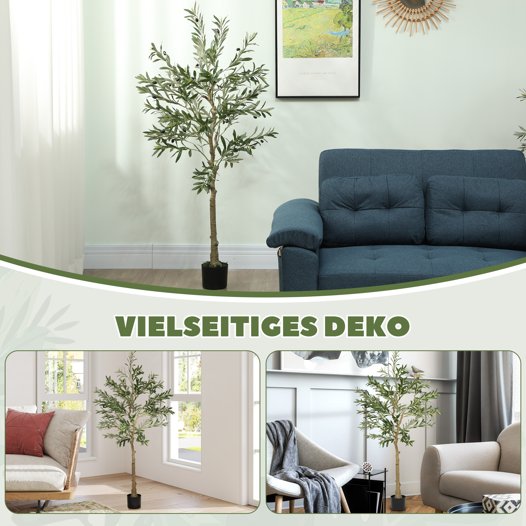 Kunstpflanze, Künstlicher Olivenbaum, 150 cm, 720 Blätter, 40 Oliven, stabiler Blumentopf, Dekorationspflanze, Grün