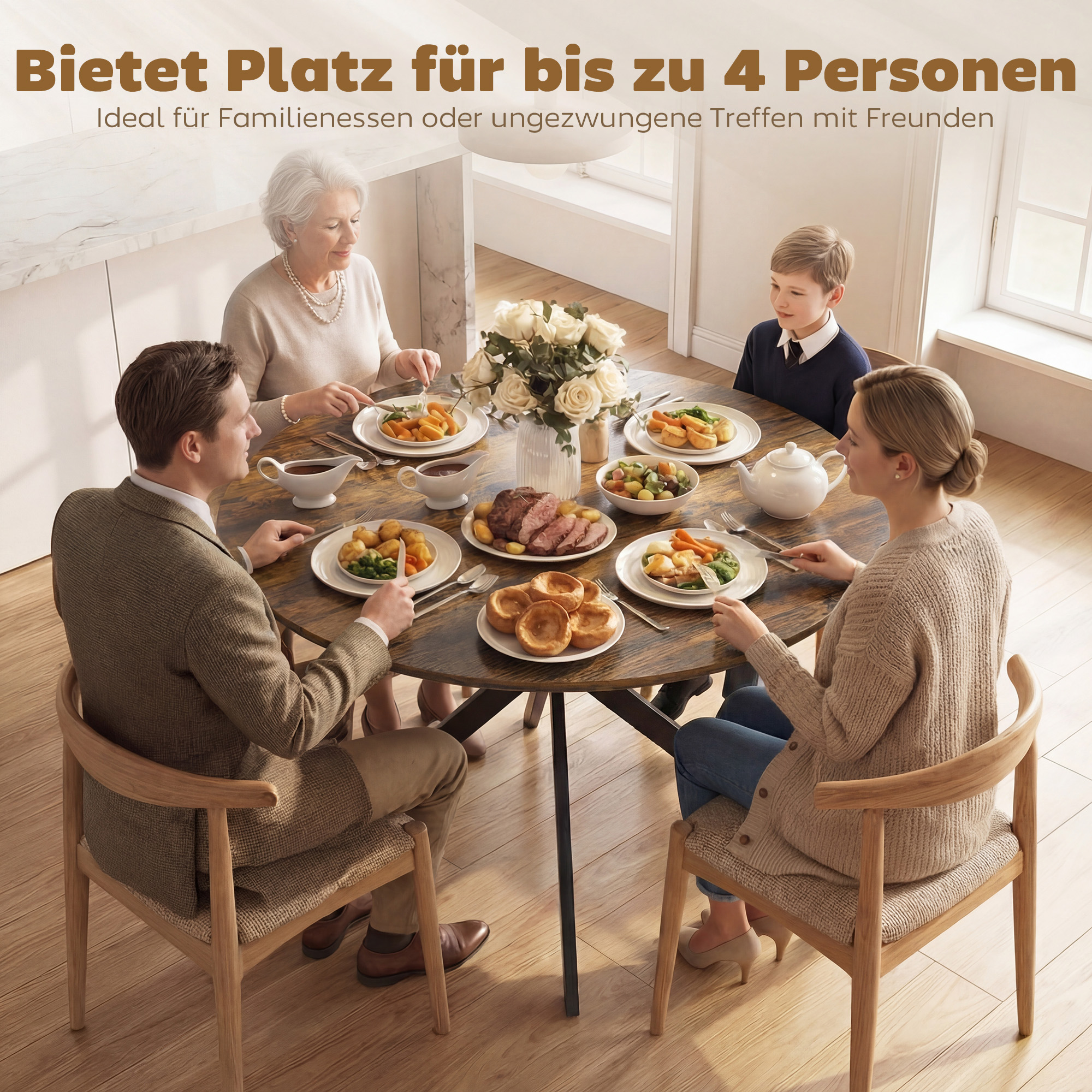 Runder Esstisch für 4 Personen, Küchentisch im Industriestil mit Stahlbeinen, für Esszimmer, Küche, Rustikal-Braun