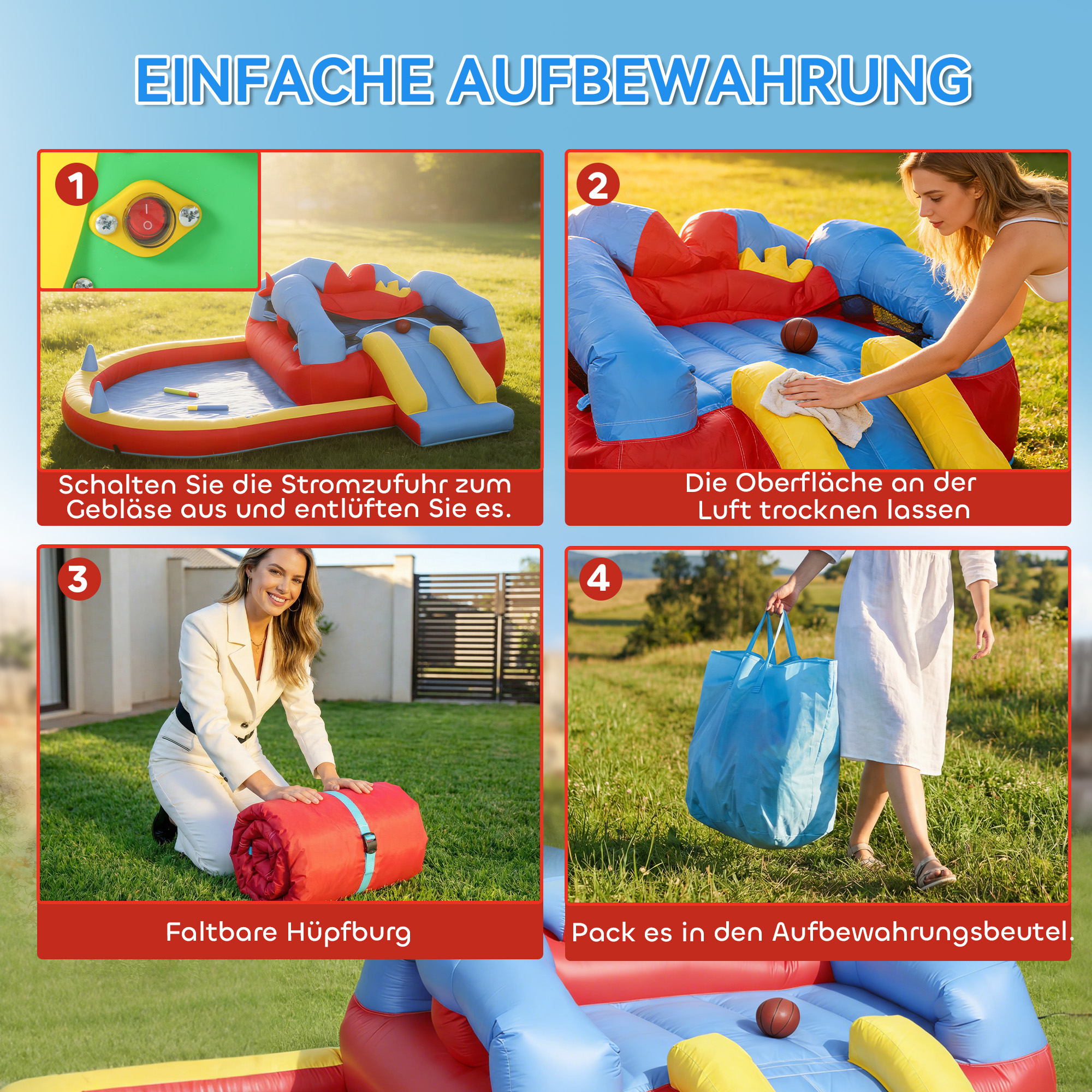 Aufblasbar Hüpfburg mit Gebläse Rutsche Trampolin Planschbecken/Bällebad Wasserpistole 342x255x209 cm Blau