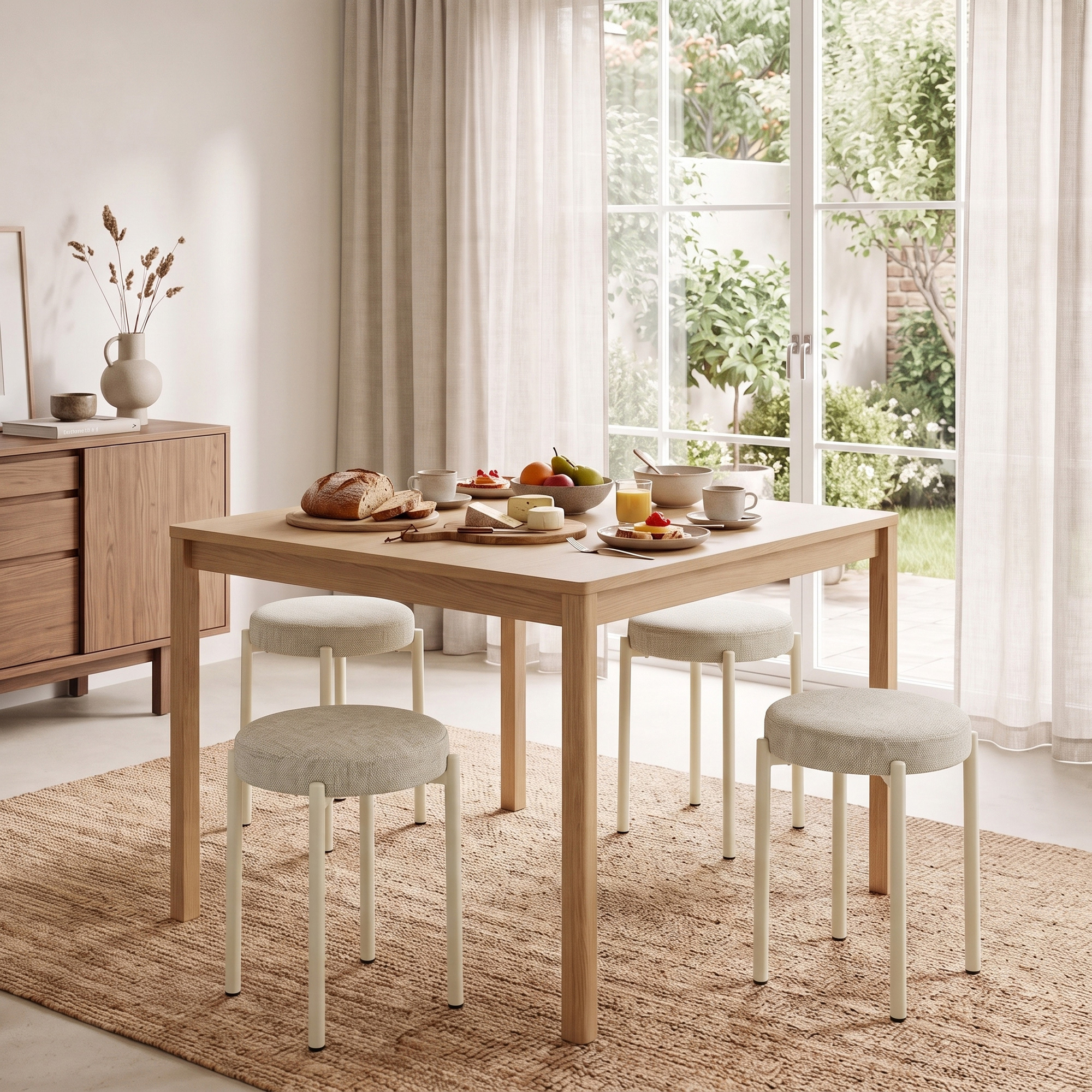Esszimmerhocker 4er Set Stapelbare Sitzhocker mit Stahlbeinen, Leinenoptik für Esszimmer, Wohnzimmer, Küche, Cremeweiß