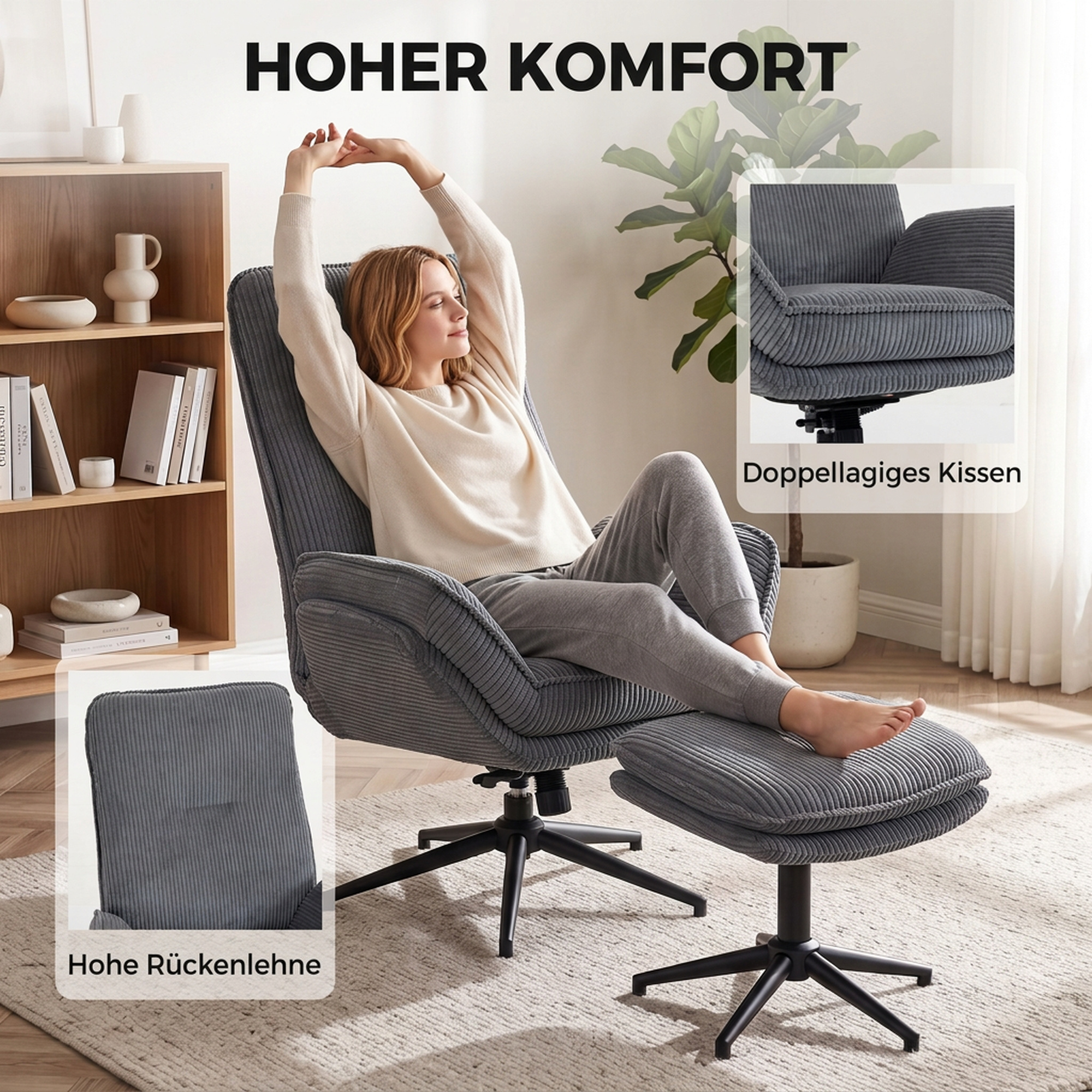 Relaxsessel mit 130° Liegefunktion, Fernsehsessel mit Hocker und Stahlrahmen, Grau