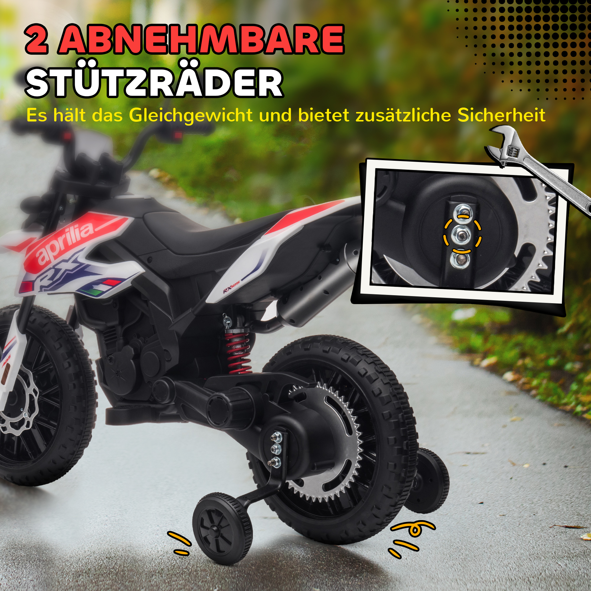 12V Kinder-Motorrad mit Stützrädern, LED-Lichtern, Musik, USB, Elektro-Motorrad für Jungen und Mädchen, Weiß