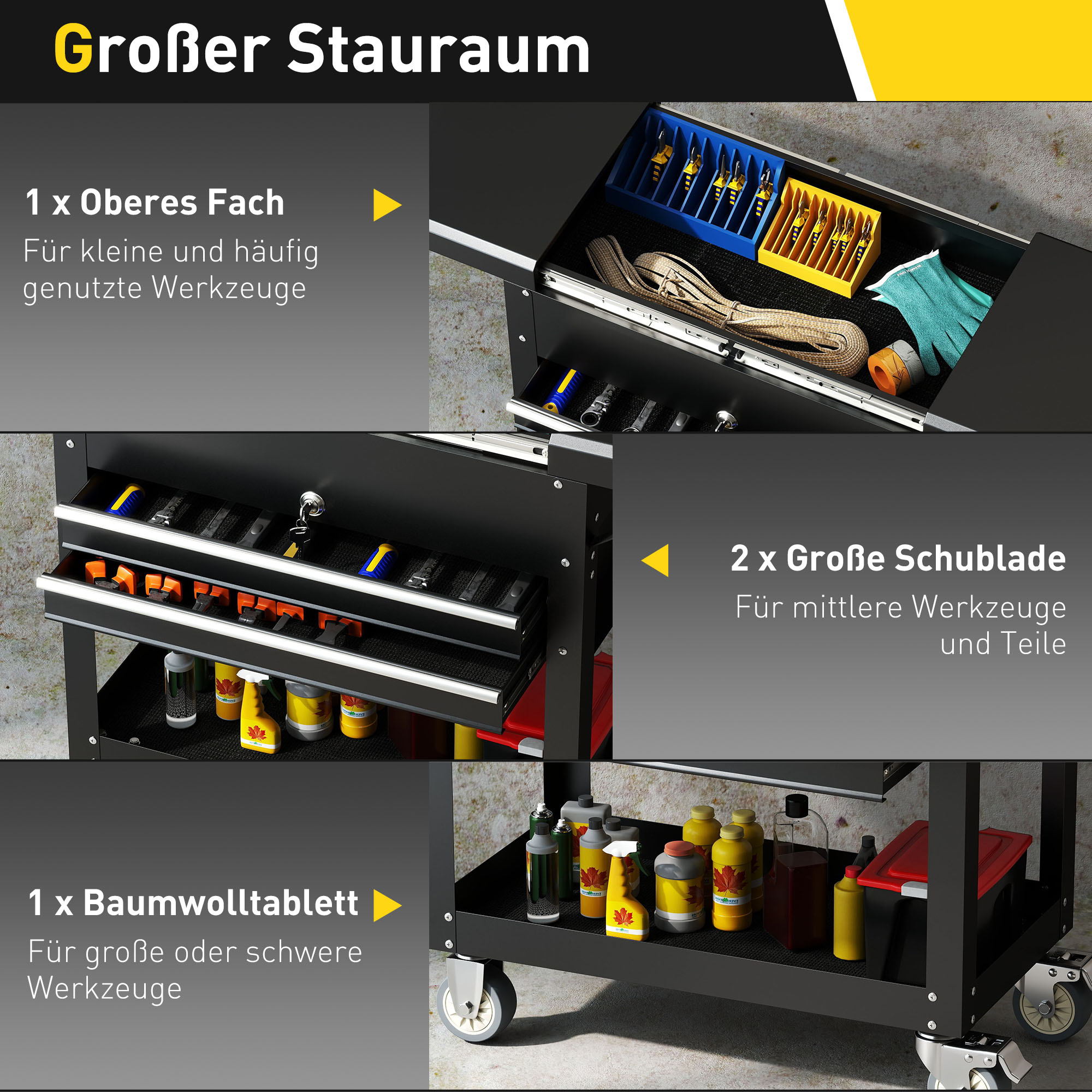 Rollender Werkzeugschrank, Werkzeugkasten mit Schubladen, Arbeitsfläche, verschließbar, mit Griff, Stahl, Schwarz