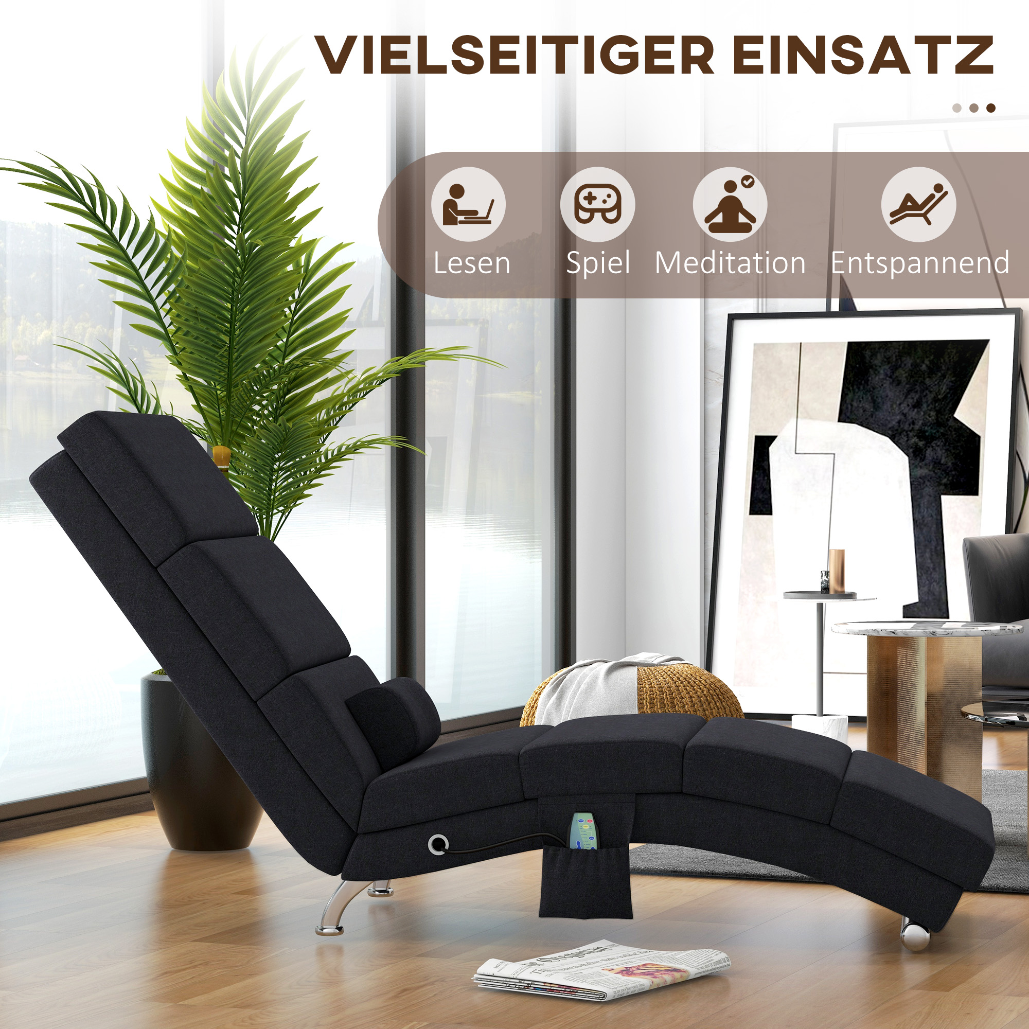 Massagesessel, Relaxsessel, Liegesessel mit 8 Vibrationspunkten, 5 Modi, 56 x 168 x 84 cm, Schwarz