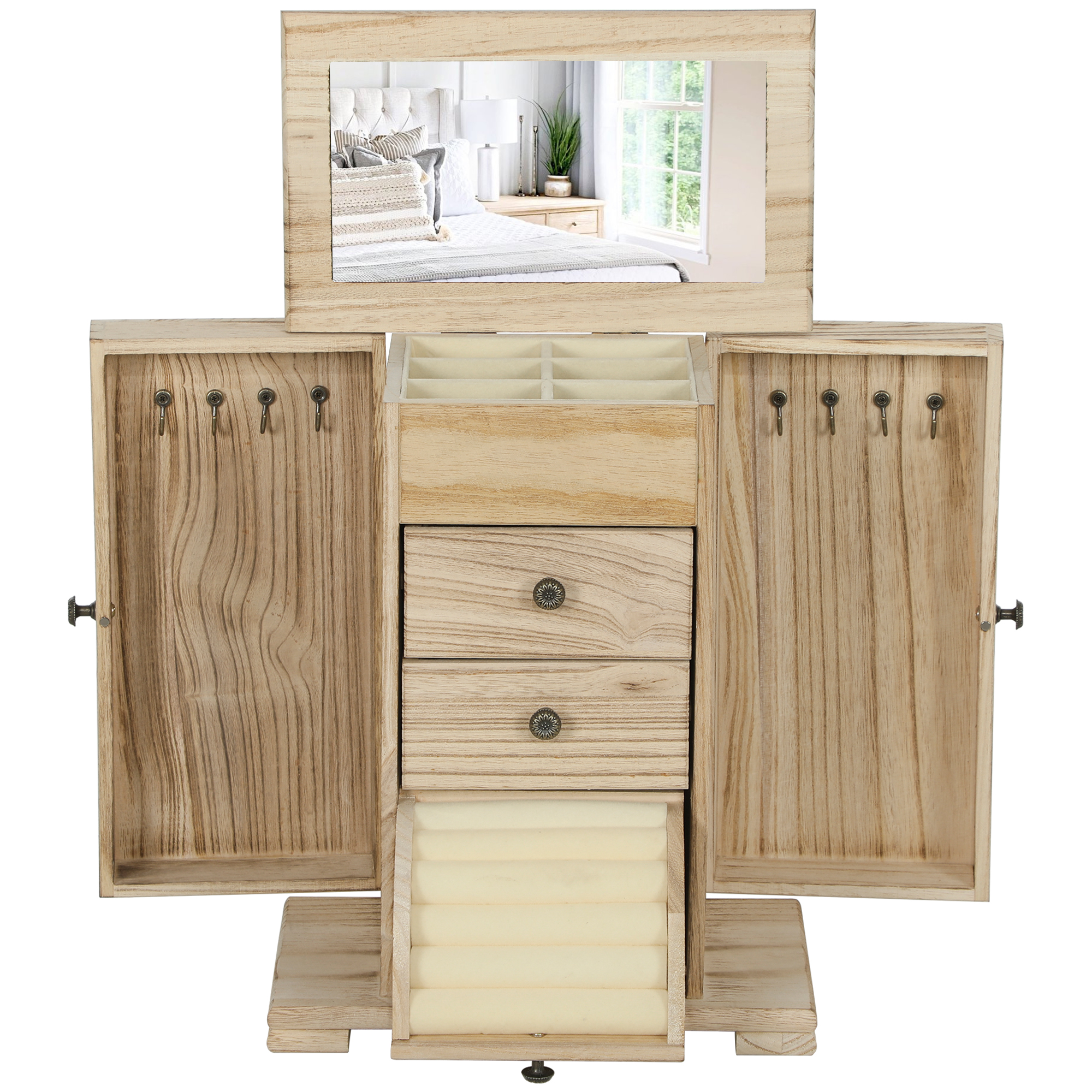 Schmuckbox, Schmuckschatulle, 4-stufiges Layout, integrierter Spiegel, Holz, Braun