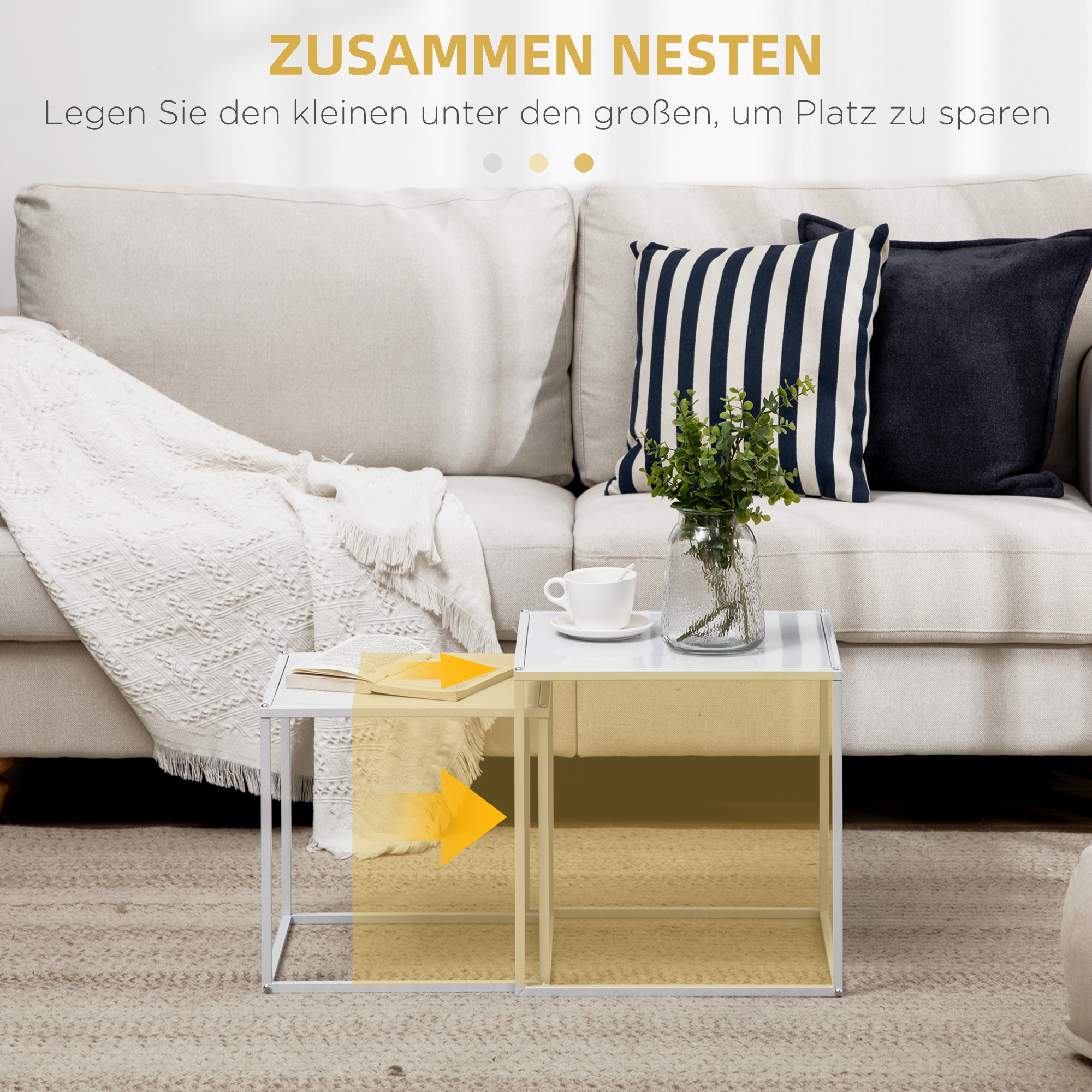 Beistelltisch-Set, moderne Satztische, platzsparend, stabiler Stahlrahmen, Weiß