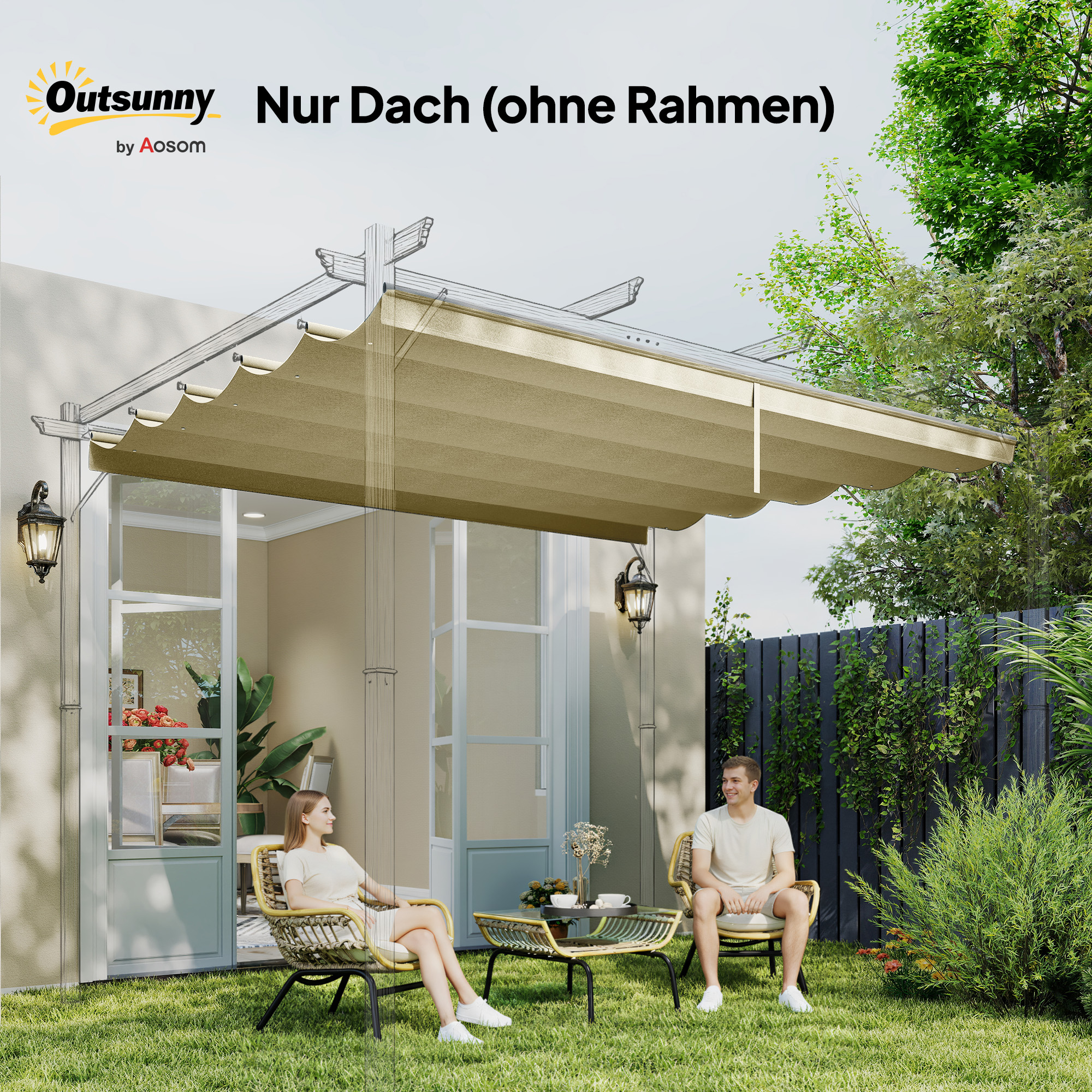 Ersatzdach für 4 x 3 m Pergola, einziehbar, mit Regenabflusslöchern, wetterfest, Polyester, 350 x 260 cm Beige