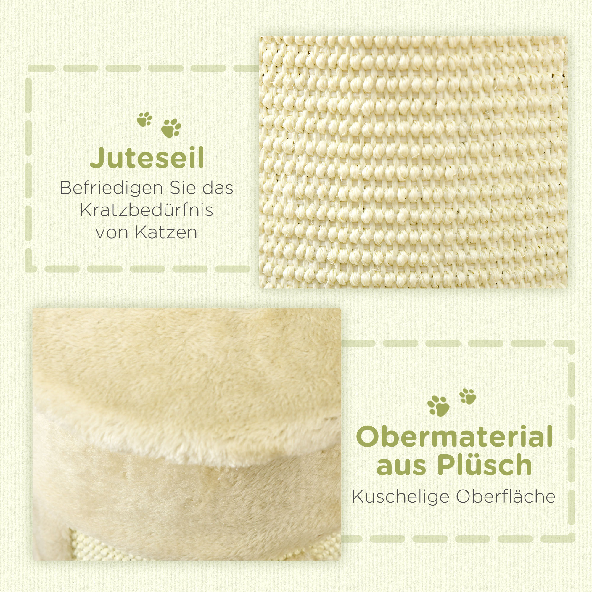 Kratzbaum mit Spielzeug, inkl. 2 Bälle. weicher Plüsch, 34 cm x 25,5 cm x 58 cm, Cremeweiß