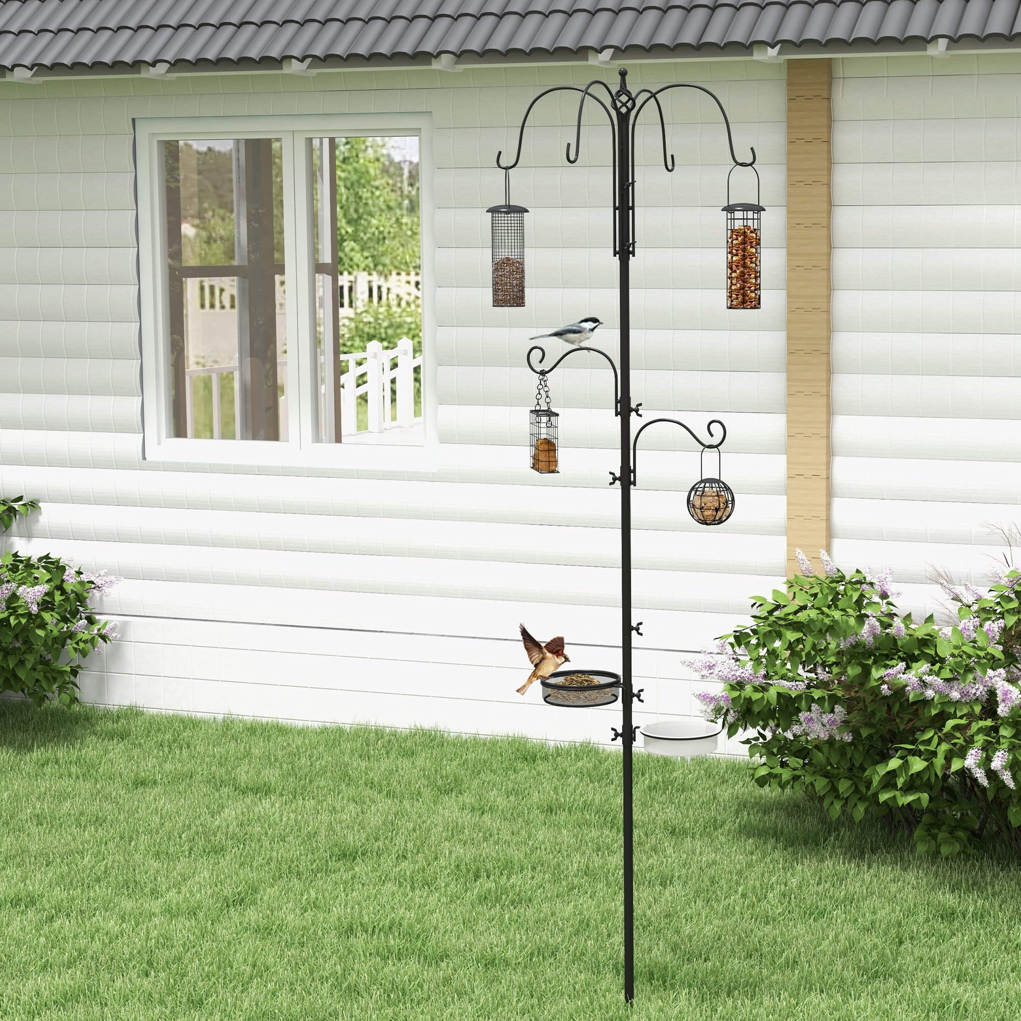 Vogel Futterstation 226 cm Vogelfutterstation mit 6 Haken, 4 hängenden Futterspendern Erdspieß, Freistehend