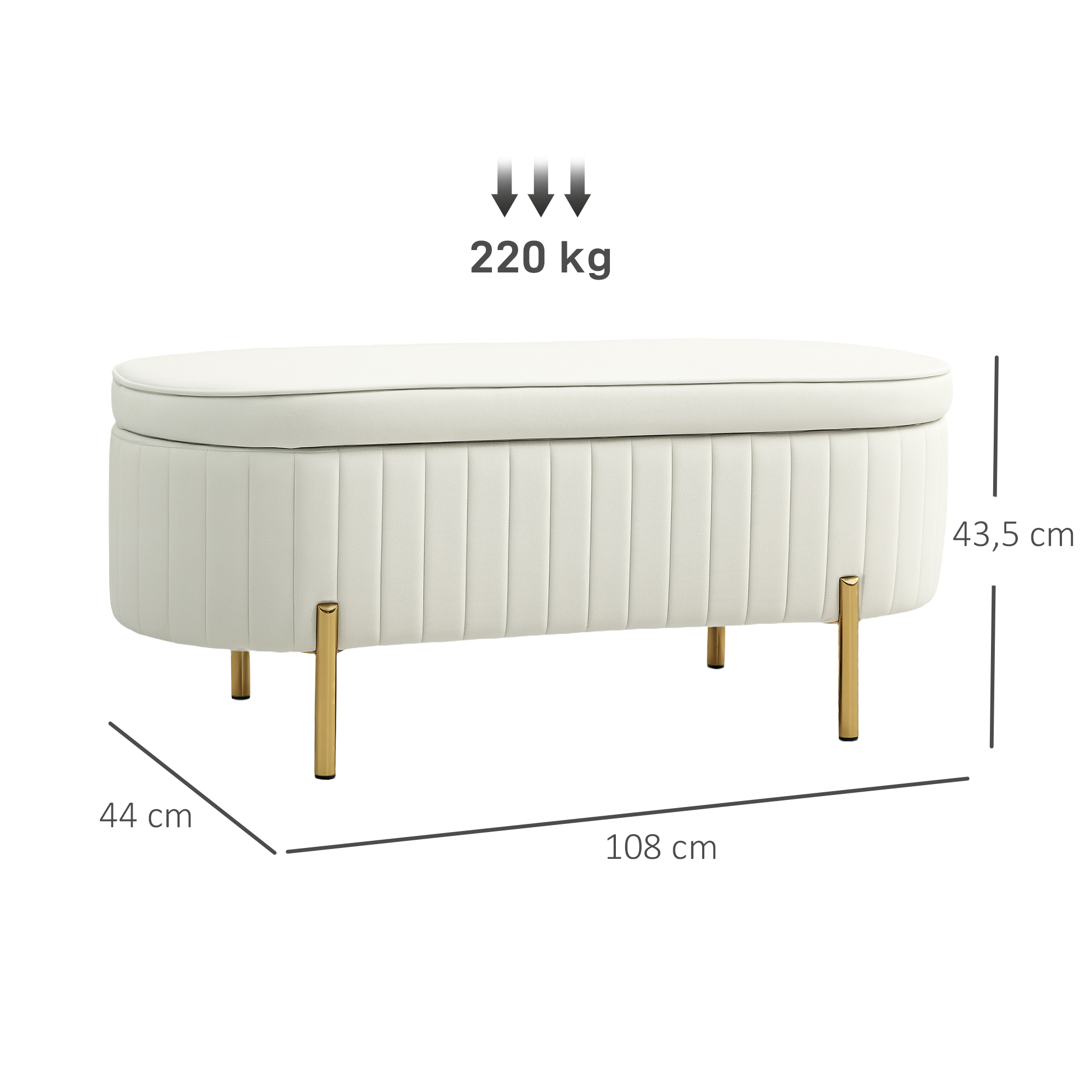 Sitzbank mit Klappdeckel und Stauraum, Stoffbezug, Metall, Cremeweiß+Golden