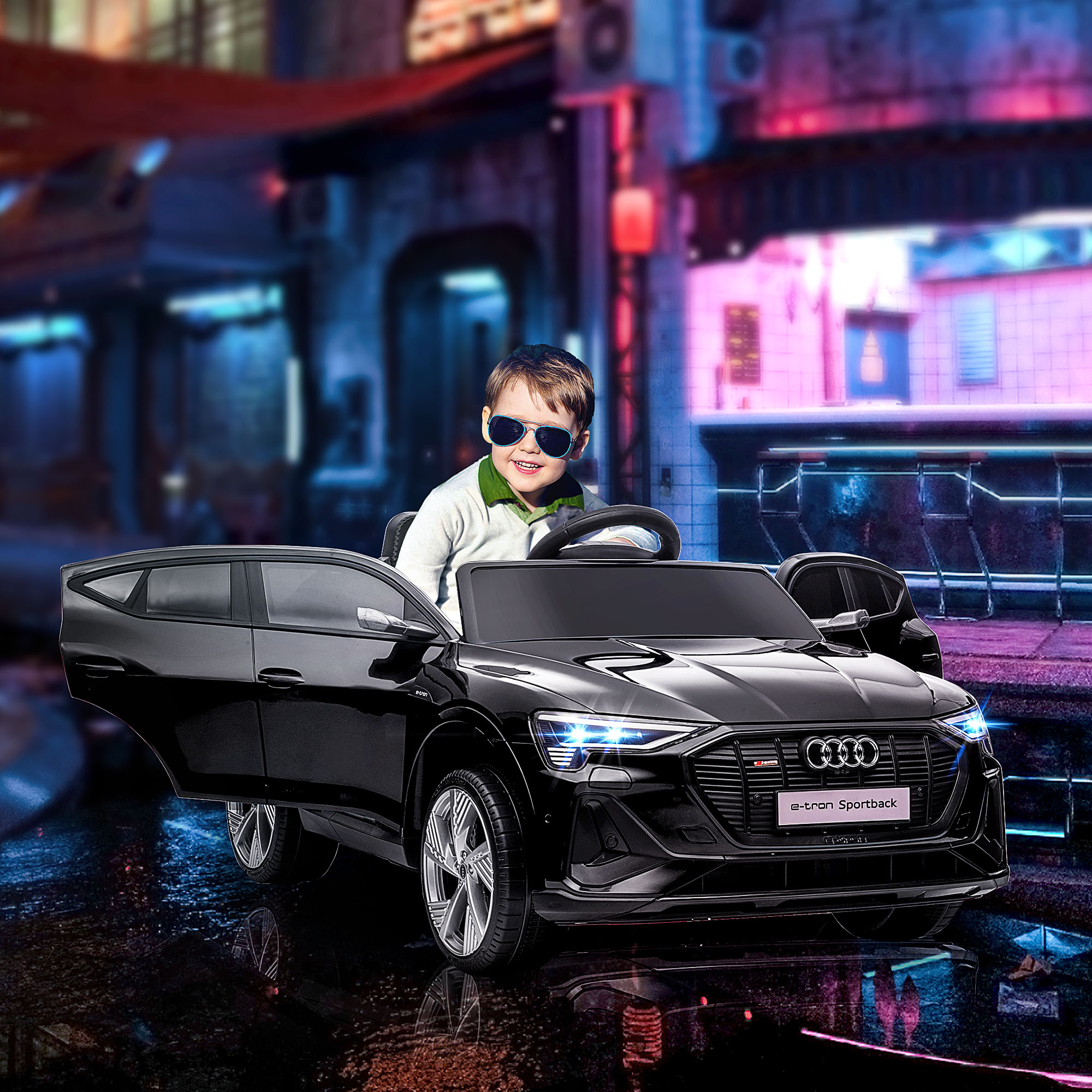 Kinderfahrzeug Audi E-tron Elektroauto mit Fernbedienung, Sicherheitsgurt, Musik (MP3/USB/TF), Kinderfahrzeug für Kinder 3-5 Jahre, 3-5 km/h, Schwarz