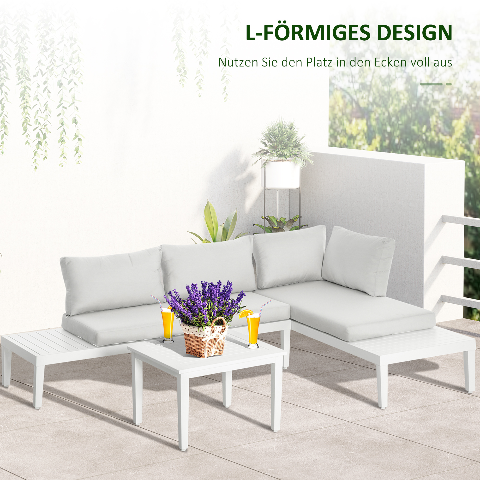Gartenmöbel-Set für 3 Personen mit Beistelltisch Sofa mit Kissen L-Form Outdoor Aluminium Cremeweiß
