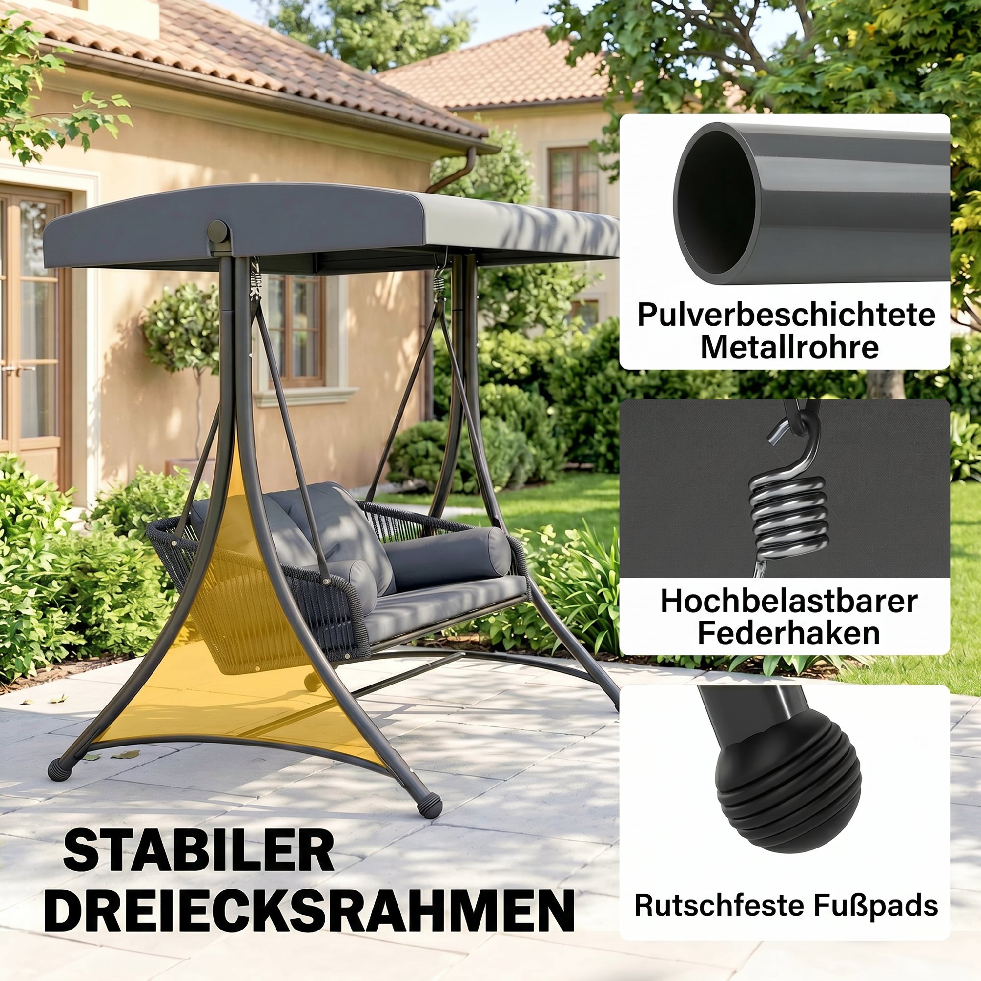 Hollywoodschaukel Rattan 2-Sitzer Gartenschaukel mit Verstellbarem Sonnendach weichem Kissen A-Rahmen Dunkelgrau