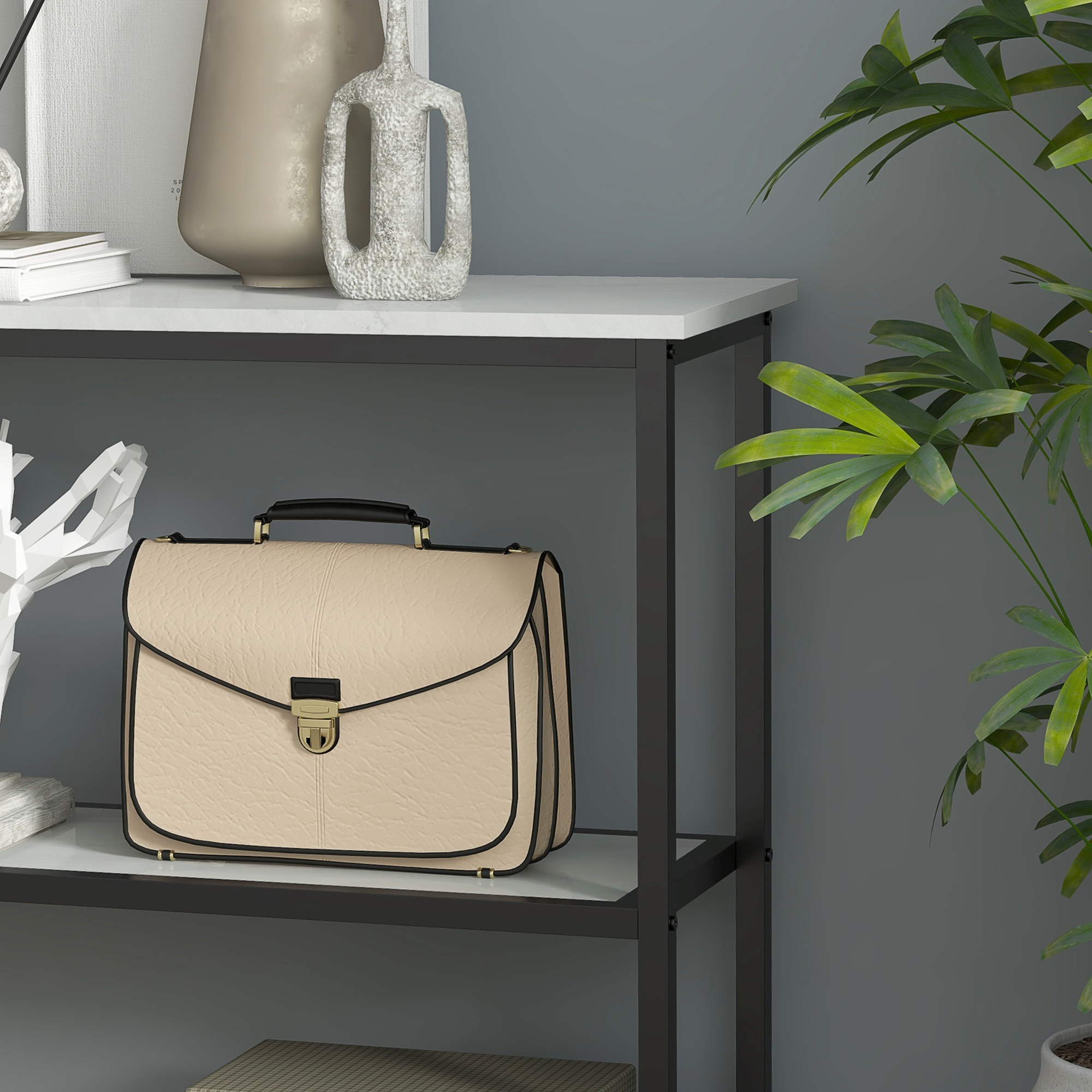 Konsolentisch im Industriedesign, 2 Regale, Marmor-Optik, Schwarz + Weiß