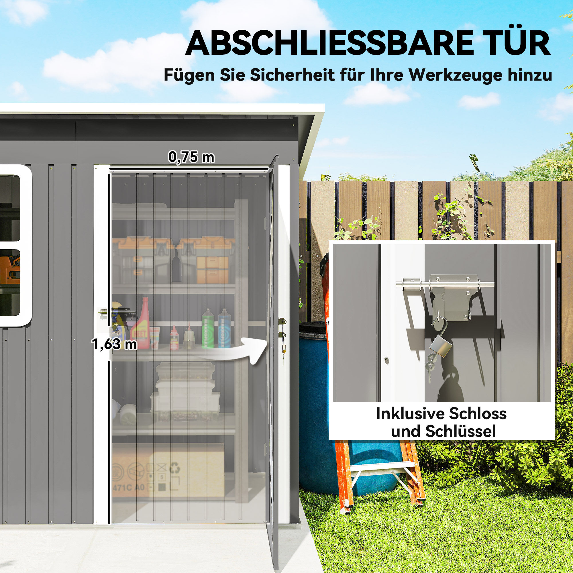 Gartenschuppen, Gartenhaus mit Fenster, verschließbare Tür, für Garten, Terrasse, Stahl, 221L x 133B x 190H cm, Grau