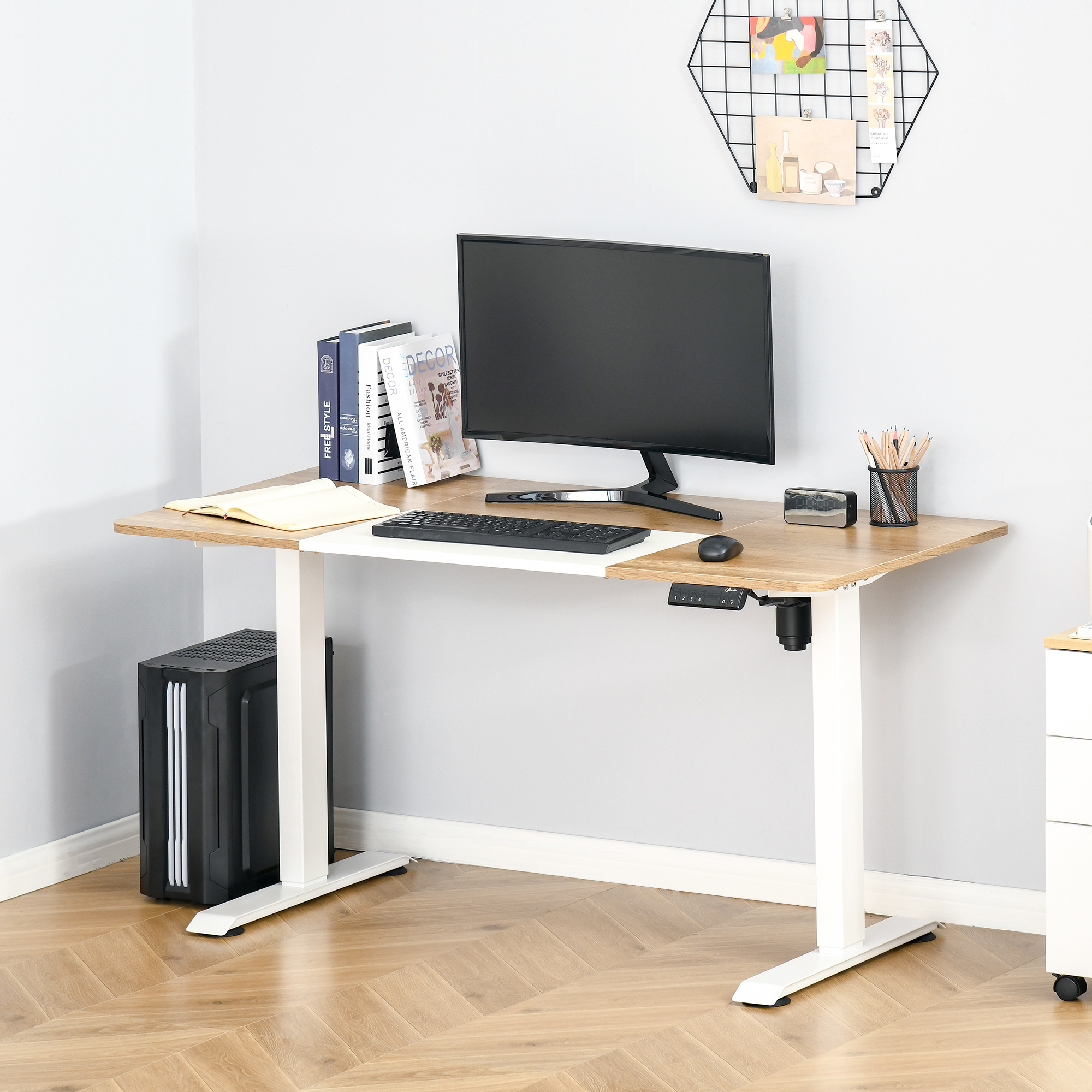 höhenverstellbarer Schreibtisch elektrisch 140 x 70 cm Computertisch mit 4 Memory-Steuerung, 4 tlg. Tischplatte, Steh-Sitz Tisch mit Anti-Kollision, Überhitzungsschutz Weiß