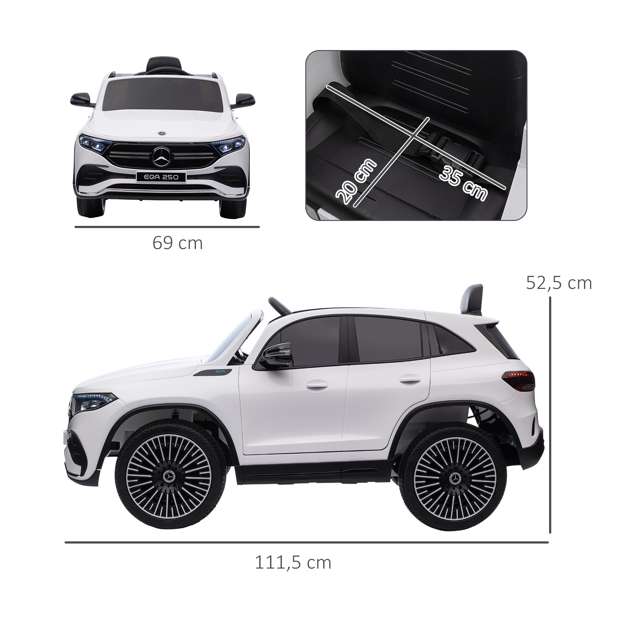 Elektro Kinderauto, lizenzierter Mercedes-Benz EQA, 3-8 km/h, Musik, Scheinwerfer, Hupe, Fernsteuerung, weiß