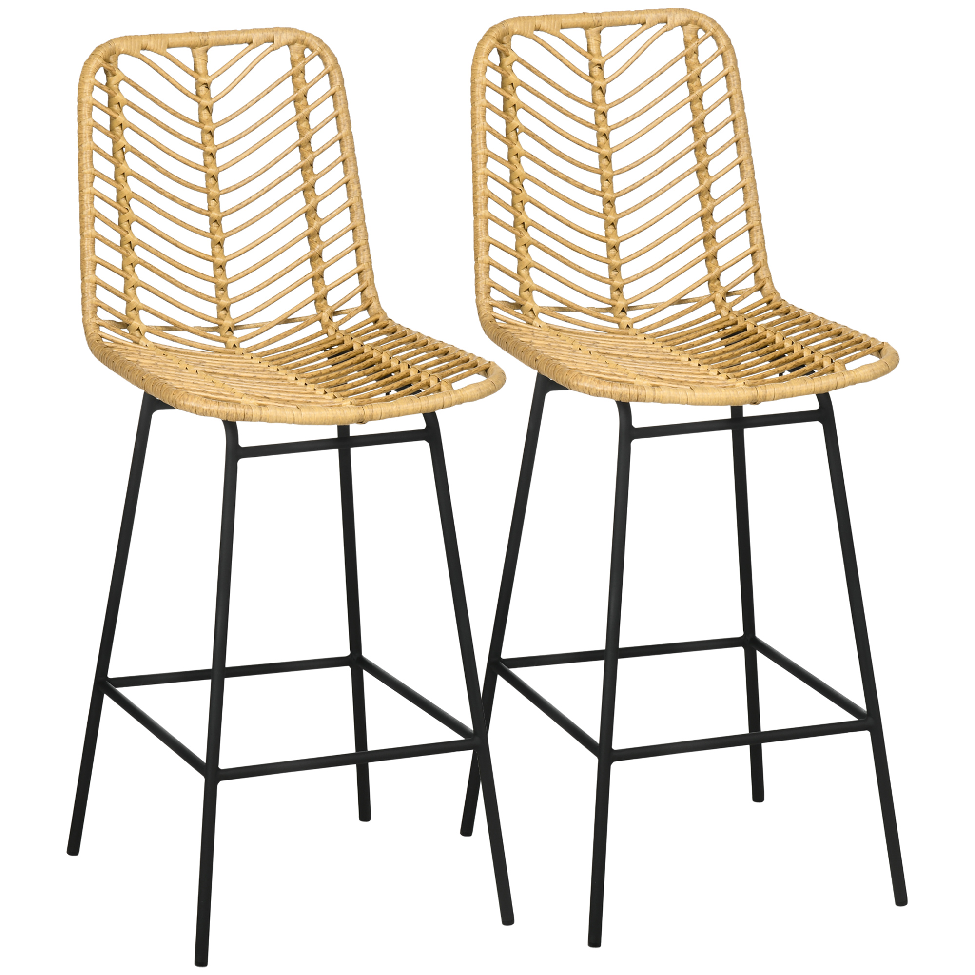 2er Set Barhocker mit Lehne Barstühle im Boho-Design, PE-Rattan, inkl. Fußtstütze, 42,5 cm x 52 cm x 102 cm, Gelb + Schwarz
