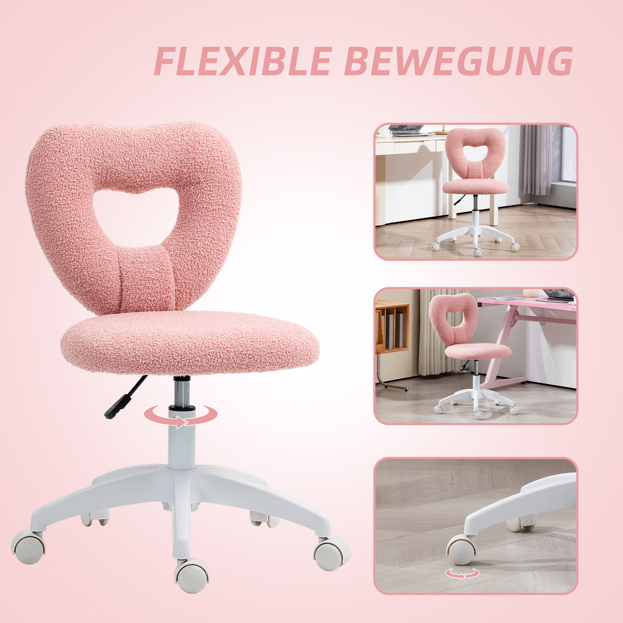 Schreibtischstuhl, Bürostuhl, Herzförmige Rückenlehne, gepolstert, Rosa