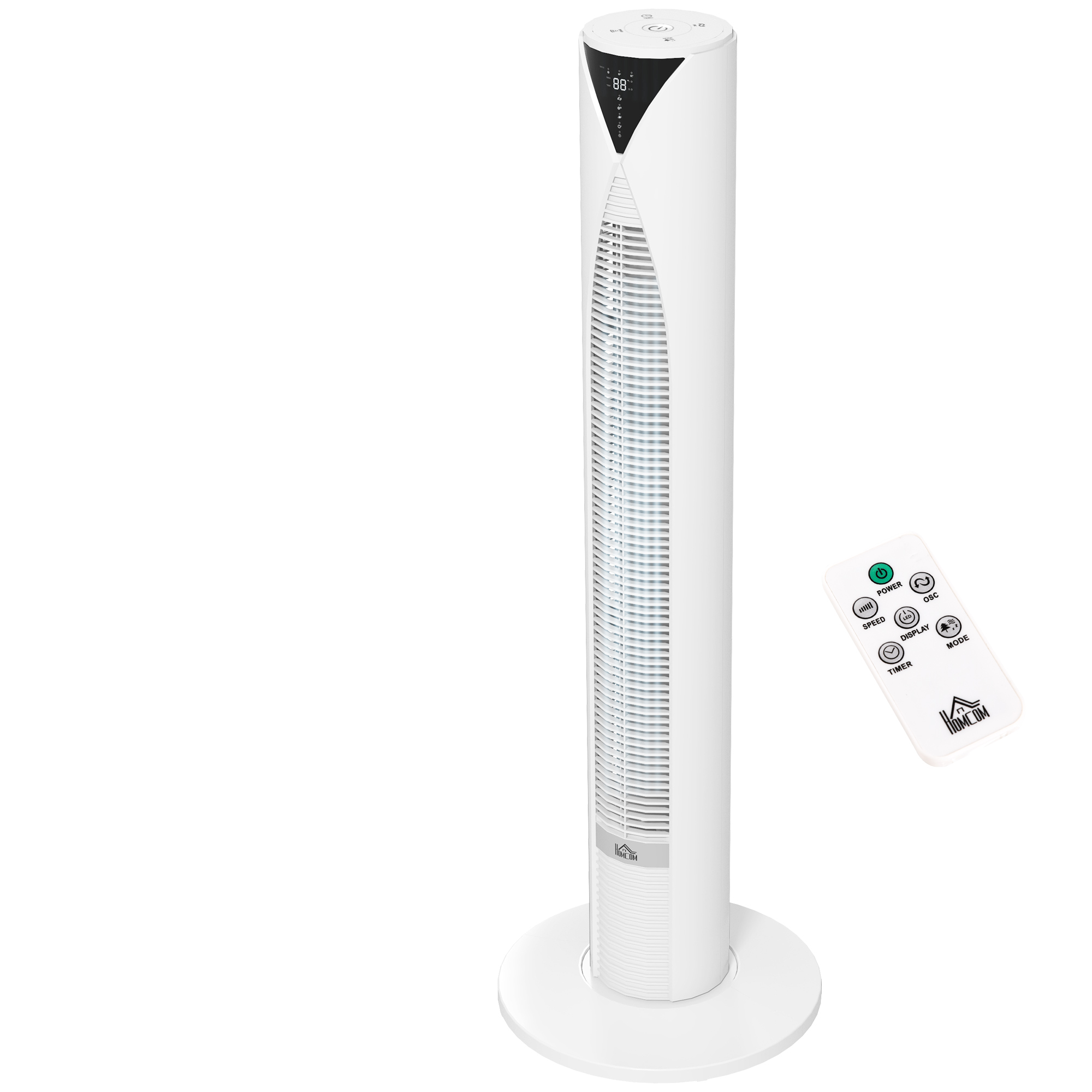70° oszillierender Turmventilator mit Fernbedienung 4 Modi 3 Geschwindigkeiten Timer 31,5 x 31,5 x 96 cm Weiß