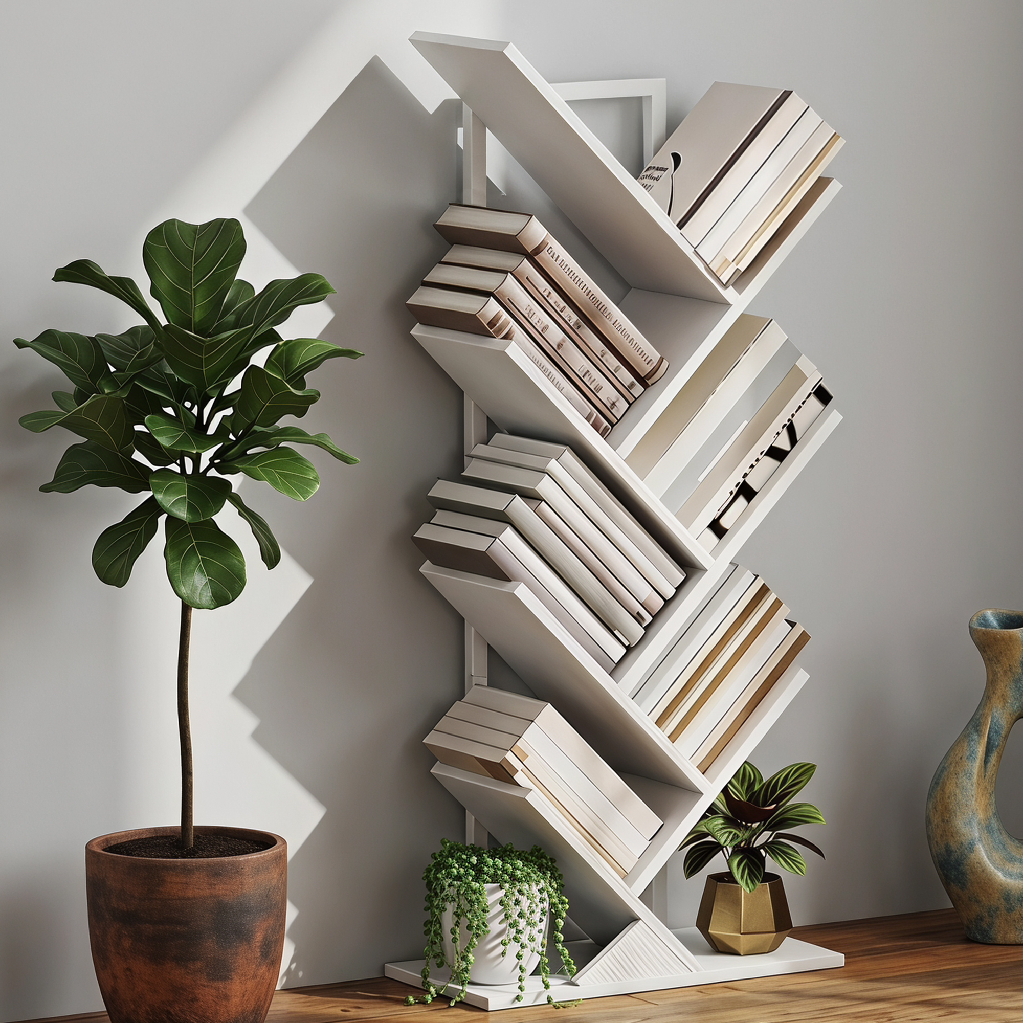 Bücherregal Standregal mit 7 Ebenen Schmal Regal im Baumform für Büro, Rustikal Weiß