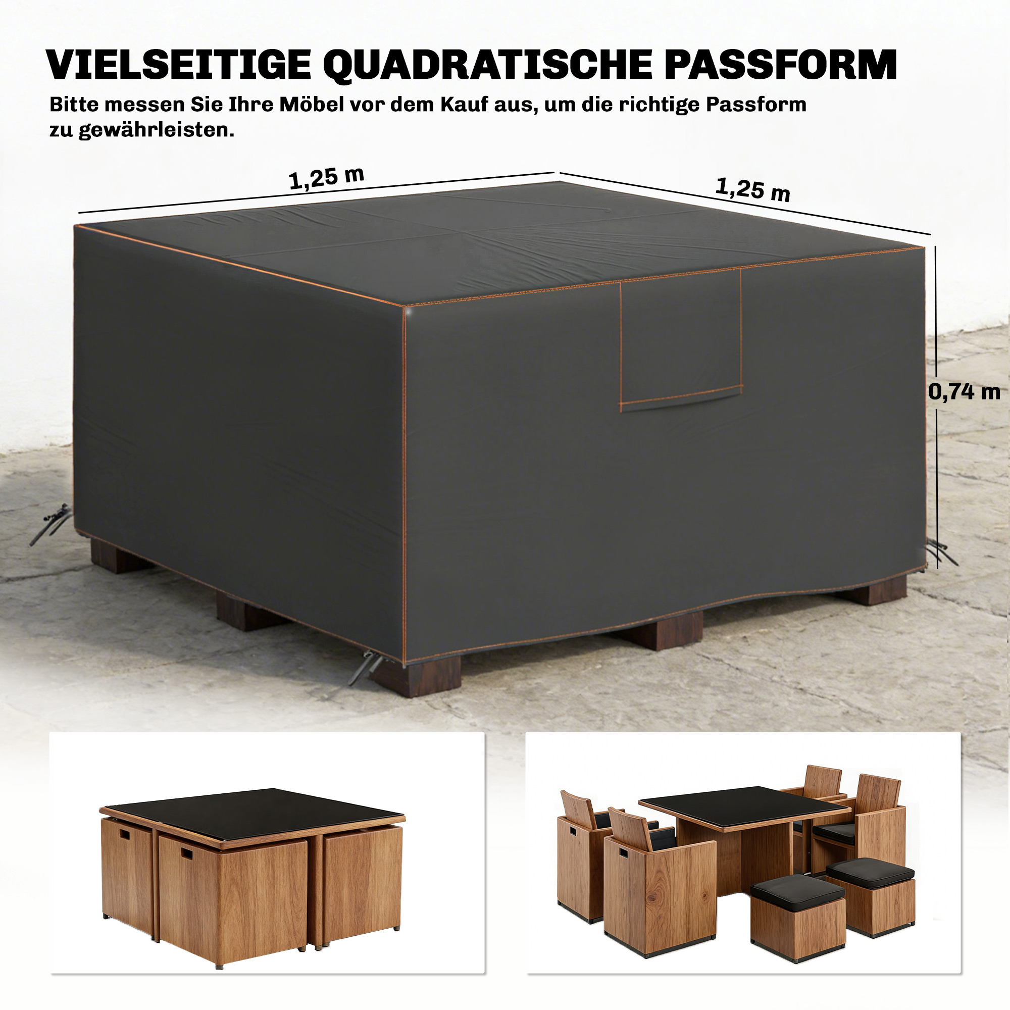Schutzhülle für Gartenmöbel Winterfest Wasserdicht Abdeckung Anti-UV Abdeckplane 420D Oxford Gewebe 125x125x74cm Schwarz