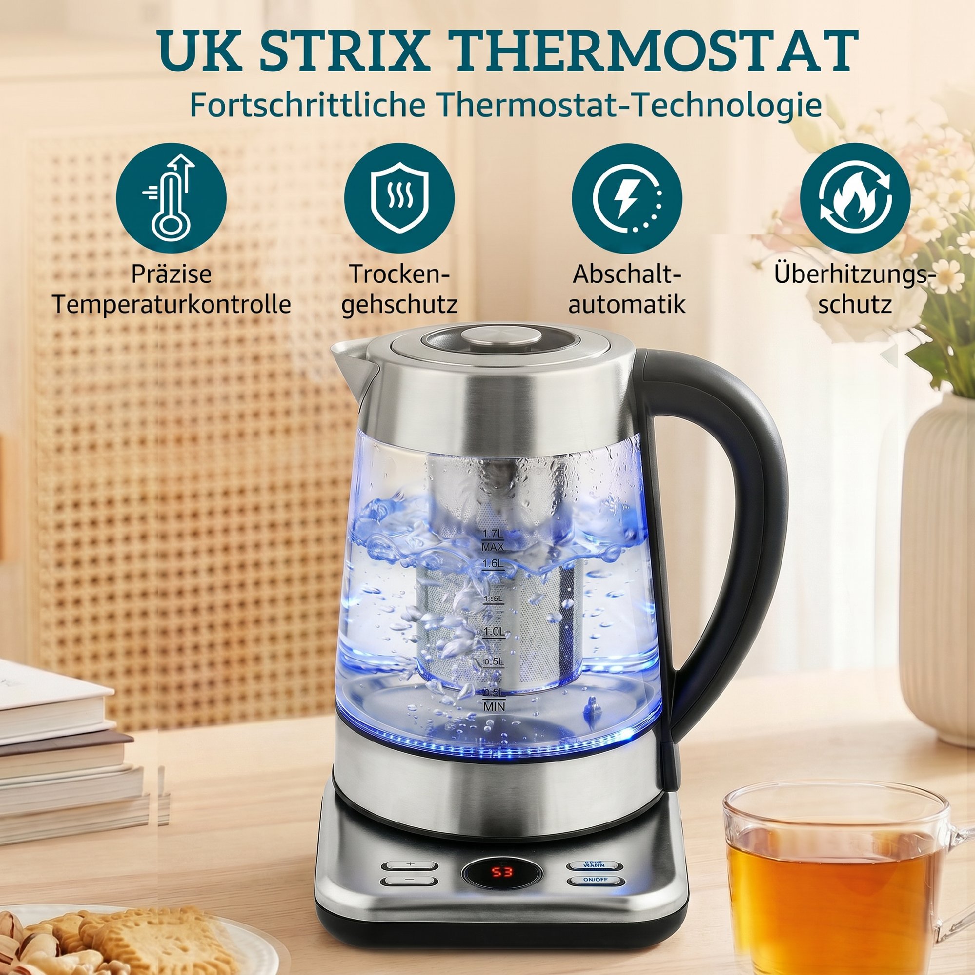 Wasserkocher, 1,7L Schnellkochender 2200W Wasserkocher mit UK Strix Thermostat, Teesieb, Warmhaltefunktion