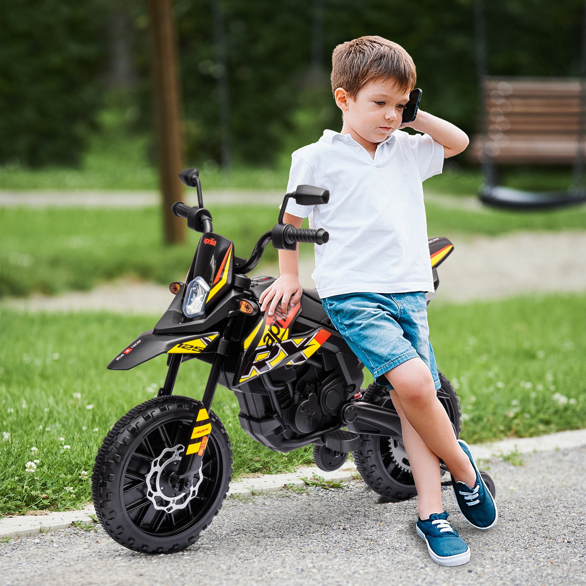 12V Kinder-Motorrad mit Stützrädern, LED-Lichtern, Musik, USB, Elektro-Motorrad für Jungen und Mädchen, Gelb