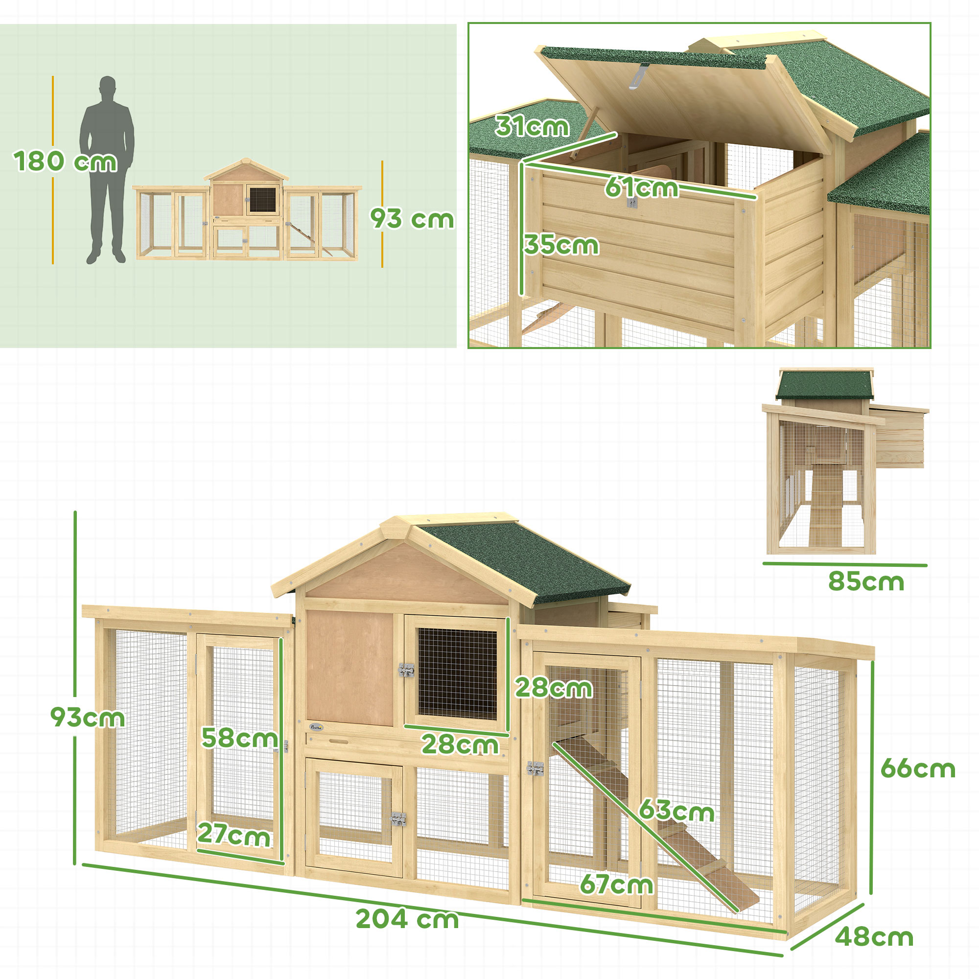 Hühnerstall Hühnerhaus aus Holz mit Nistkasten, wasserdichtem Dach, Sitzstange, Auslauf, Rampe, 204x85x93 cm Naturholz