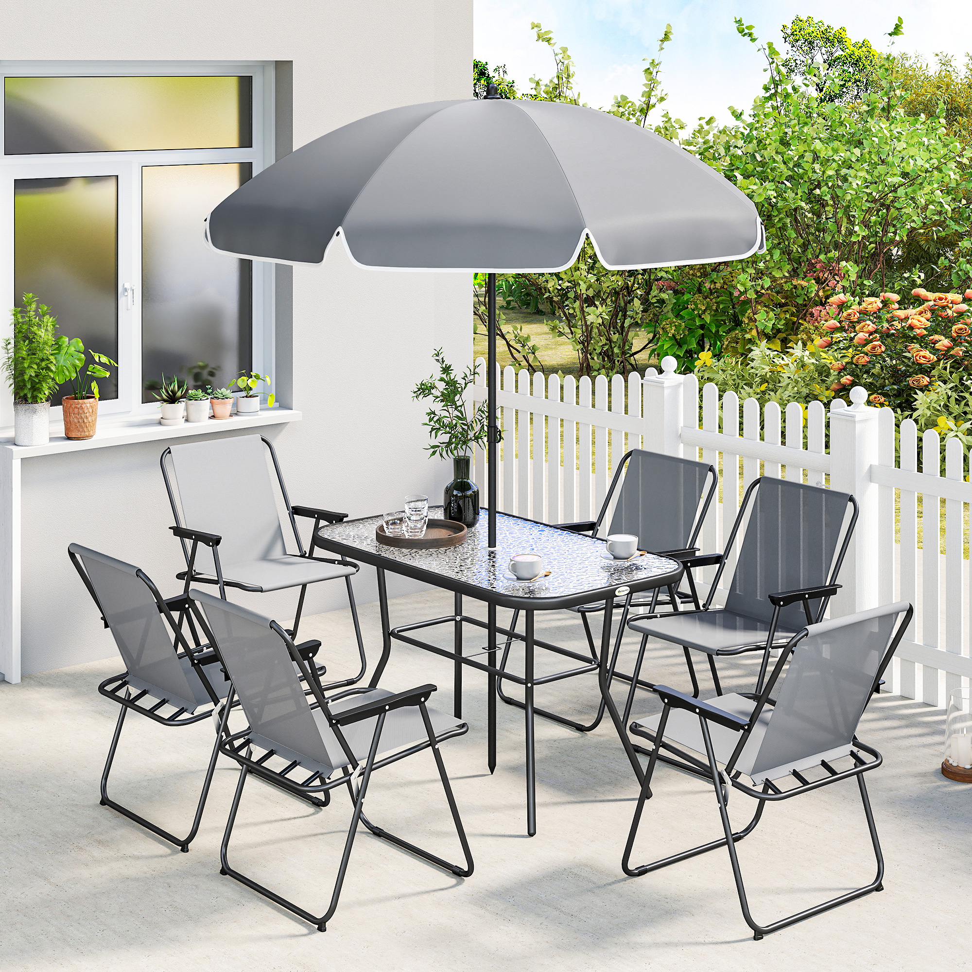 Gartenmöbel Set Sitzgruppe 119 x 68cm Glastisch mit 6 Klappstühlen Sonnenschirm Wasserwellenmuster Grau