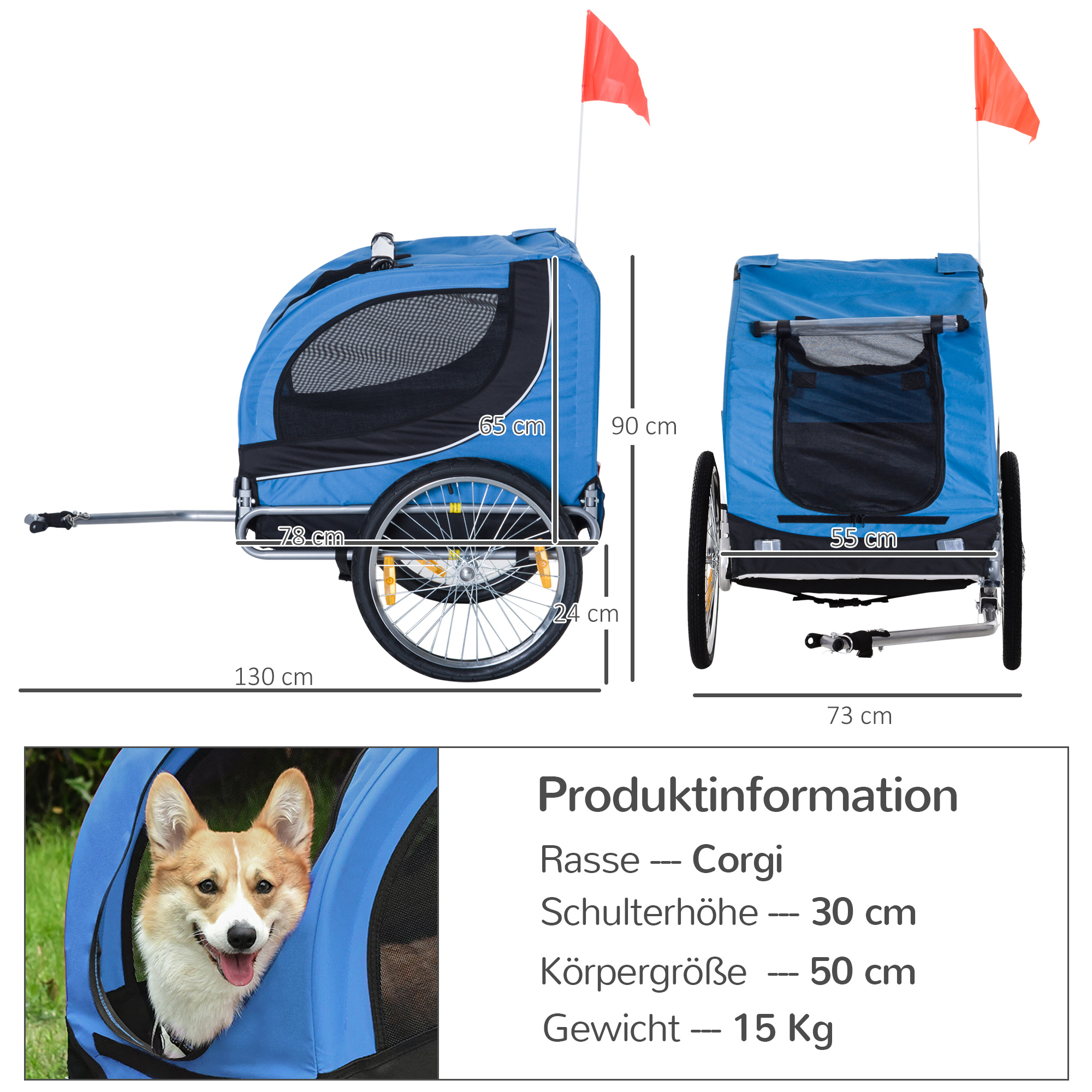 Fahrradanhänger bis 20kg Universalkupplung Sicherheitsanker Reflektor Stahl Blau+Schwarz