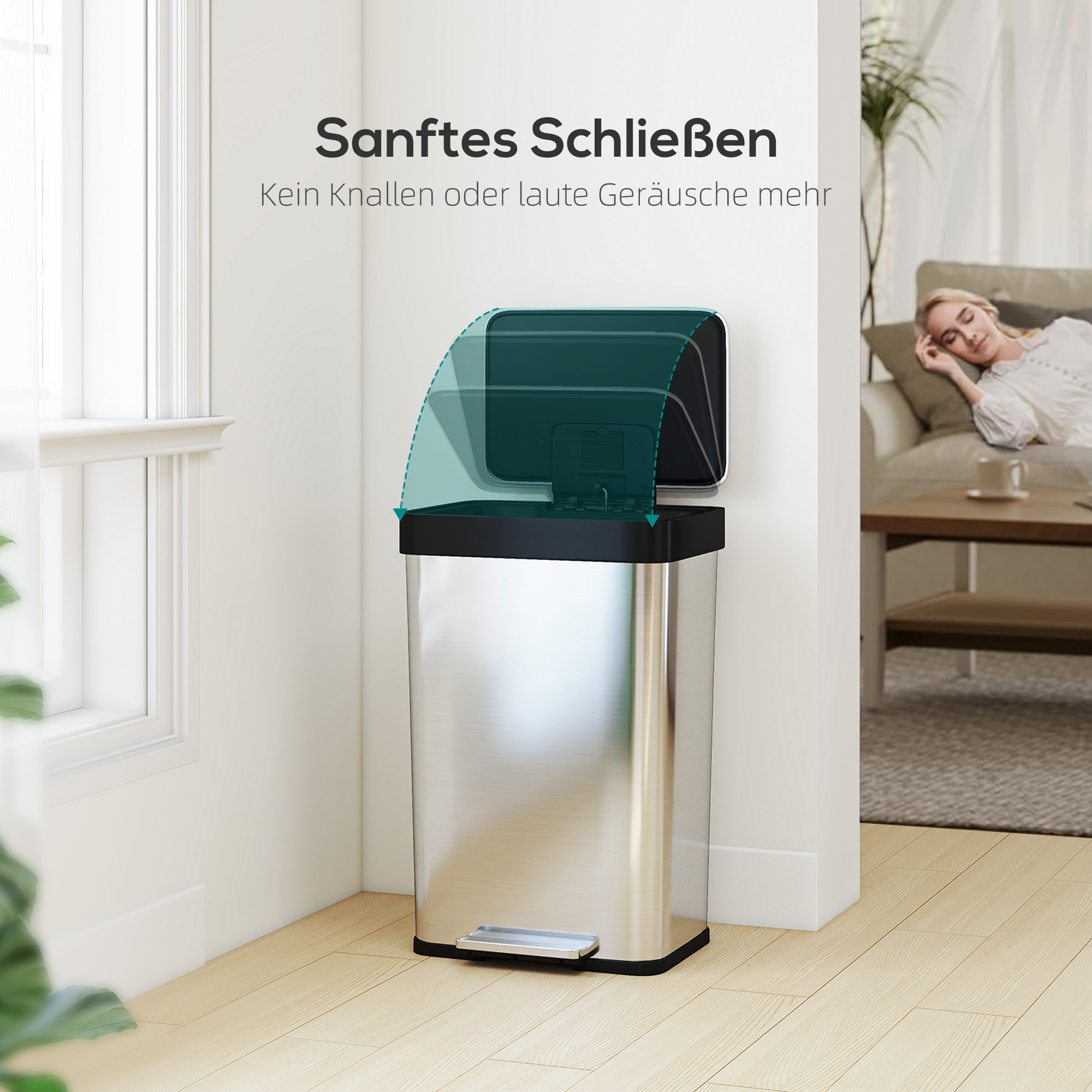 60 L Mülleimer mit Fußpedal, Edelstahl-Abfalleimer mit sanft schließendem Deckel, Silberfarben