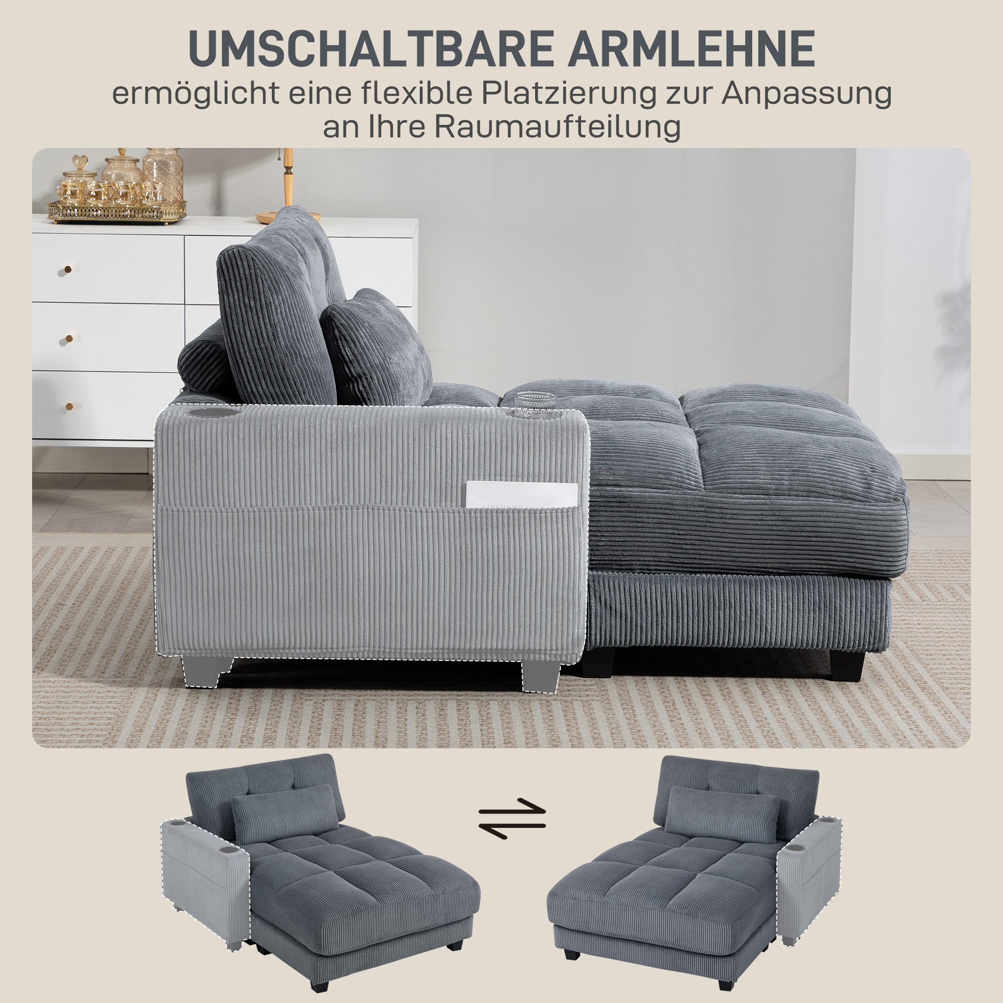 Sofa-Bett mit Kissen, Schaumstoff, zum Bett umwandelbar, Becherhalter, Grau