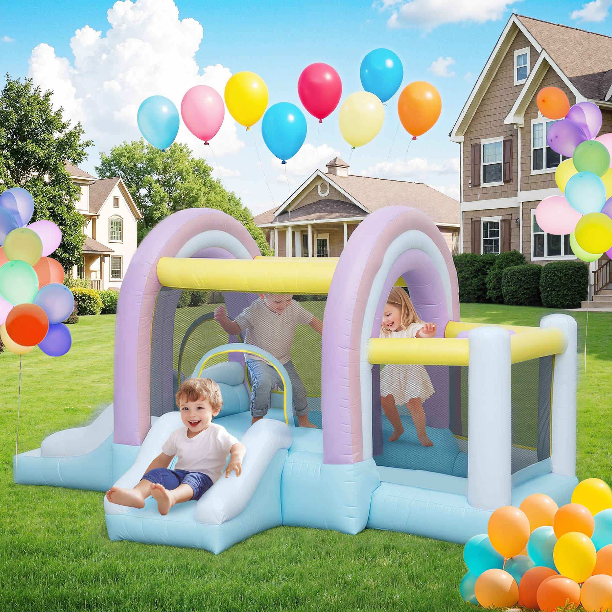 Hüpfburg, Bällebad, 2 Rutschen, Oxford-Gewebe, UV-beständig, Gebläse, Bunt