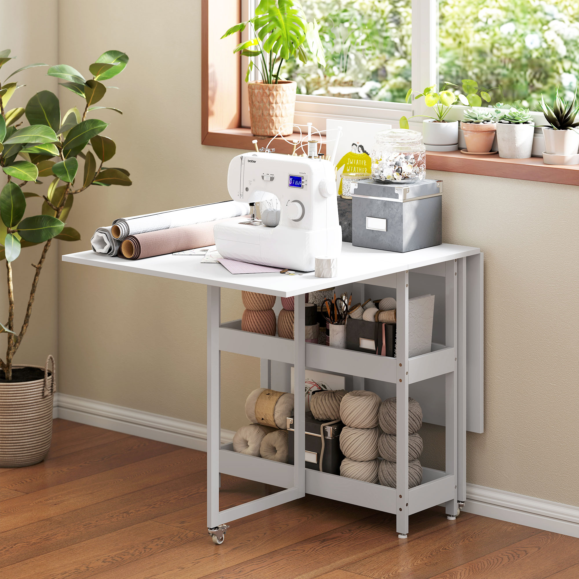 Klappbarer Esstisch im Industriedesign, für bis zu 4 Personen, offene Regale, flexibel, Metall, Spanplatte, Weiß