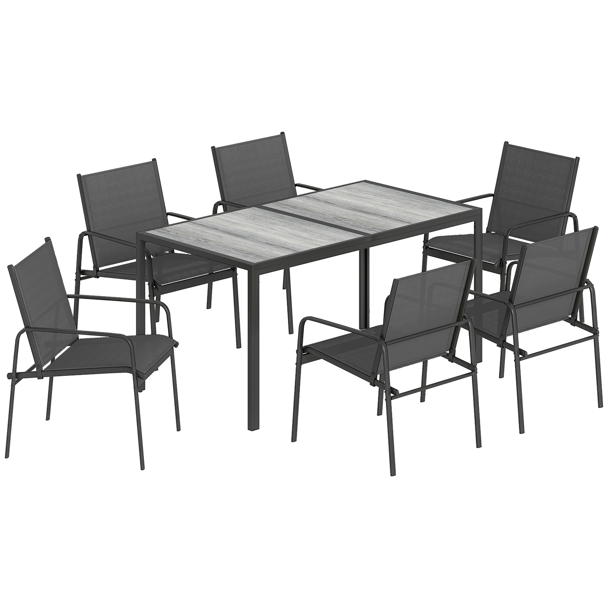 Gartenmöbel Set Sitzgruppe 150 x 80cm Tisch mit 6 Atmungsaktiven Stühlen Holzoptik Stahlrahmen Schwarz