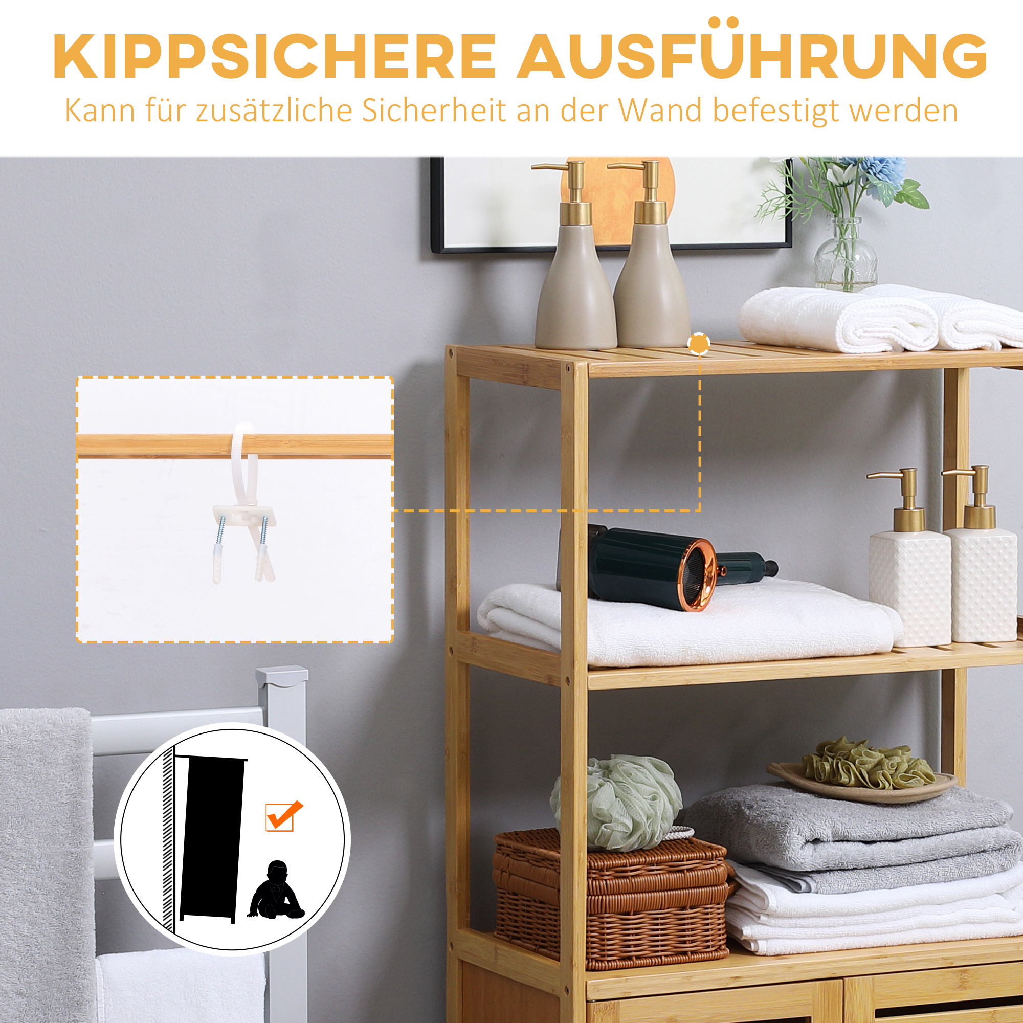 Badezimmerschrank, Badezimmerkommode mit Lamellentüren, Badregal, Bambusholz, Naturholz