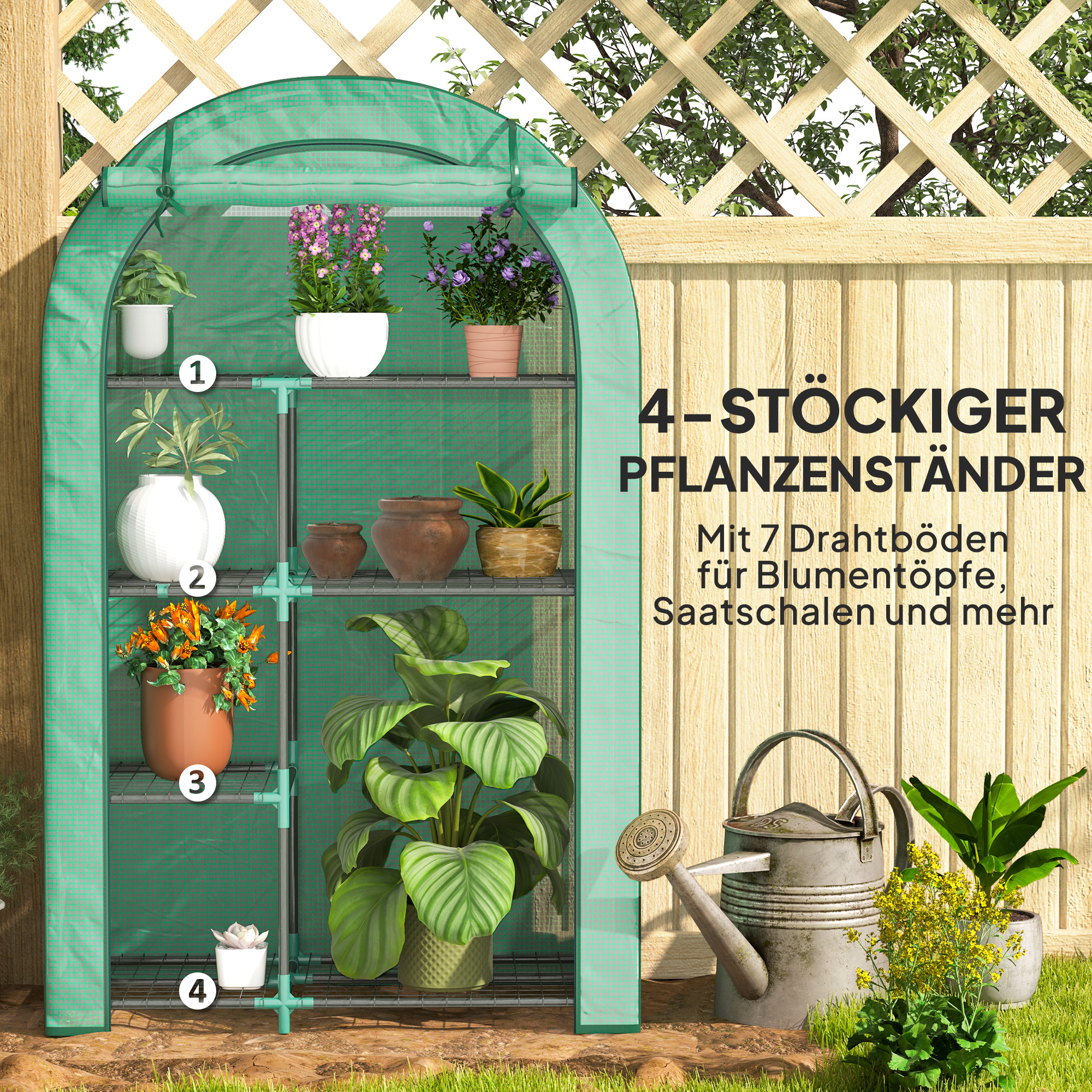 Mini-Gewächshaus, 4-stufiges Gewächshaus mit Kunststoff-Plane, tragbar, Rolltür, 100 x 45 x 160 cm, Grün