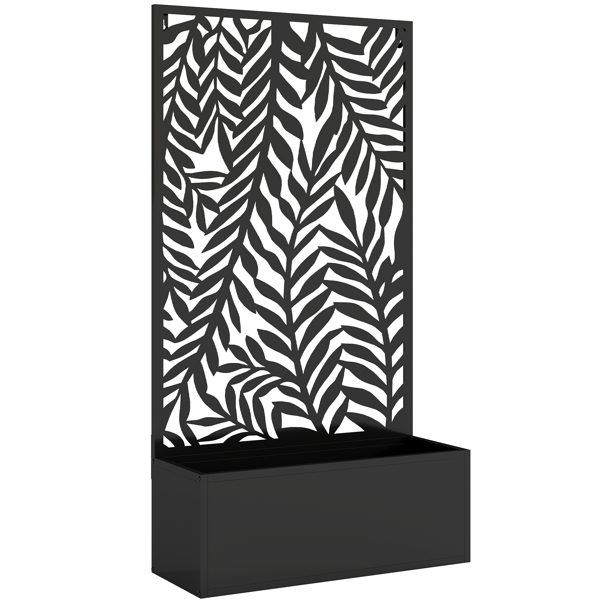 Blumenkasten mit Sichtschutz Pflanzkasten mit Rankgitter tropischen Blattmotiven 61 x 23 x 113 cm Schwarz