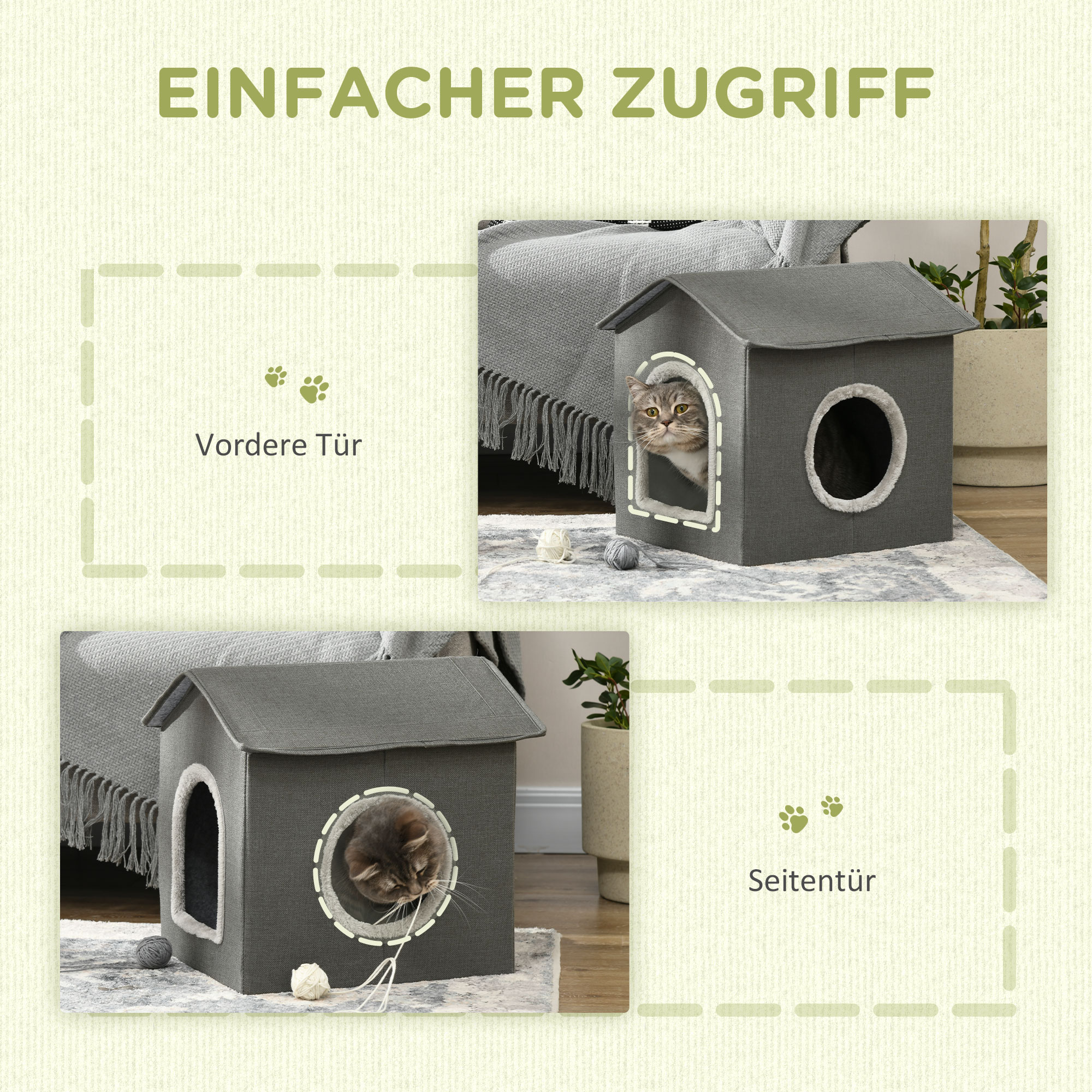 Katzenhöhle mit Kissen, Katzenbett, Haustier-Reisebett, waschbares Kissen, Khaki/Grün
