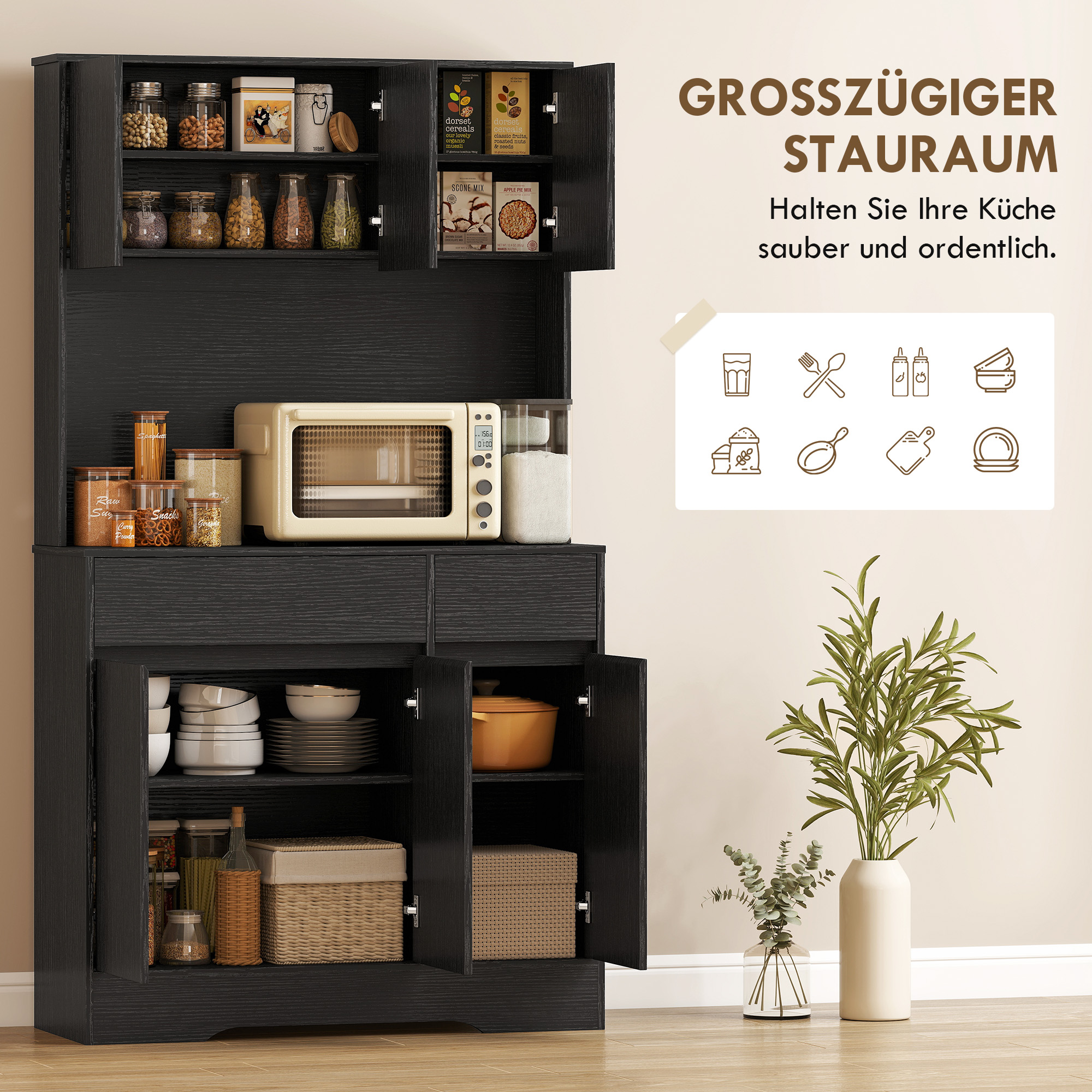 Buffet-Küchenschrank mit Arbeitsplatte, 6 Türen, hoher Stauraumschrank mit Regalen, Schwarz