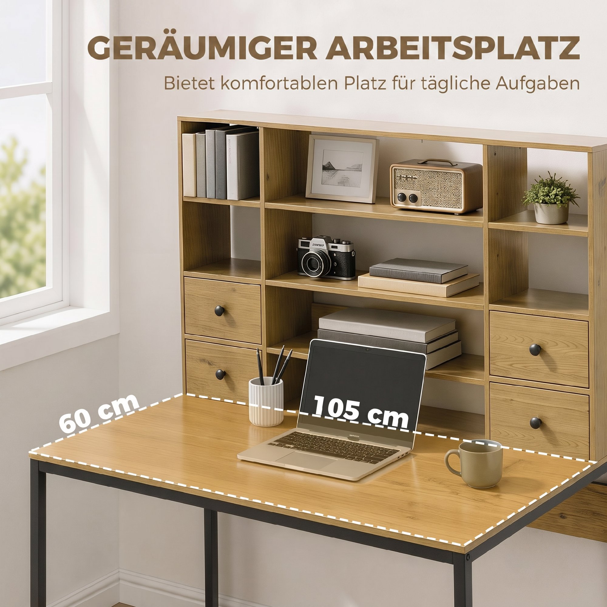 Computertisch mit 4 Schubladen und Regalen, Schreibtisch 105 cm, Naturholz
