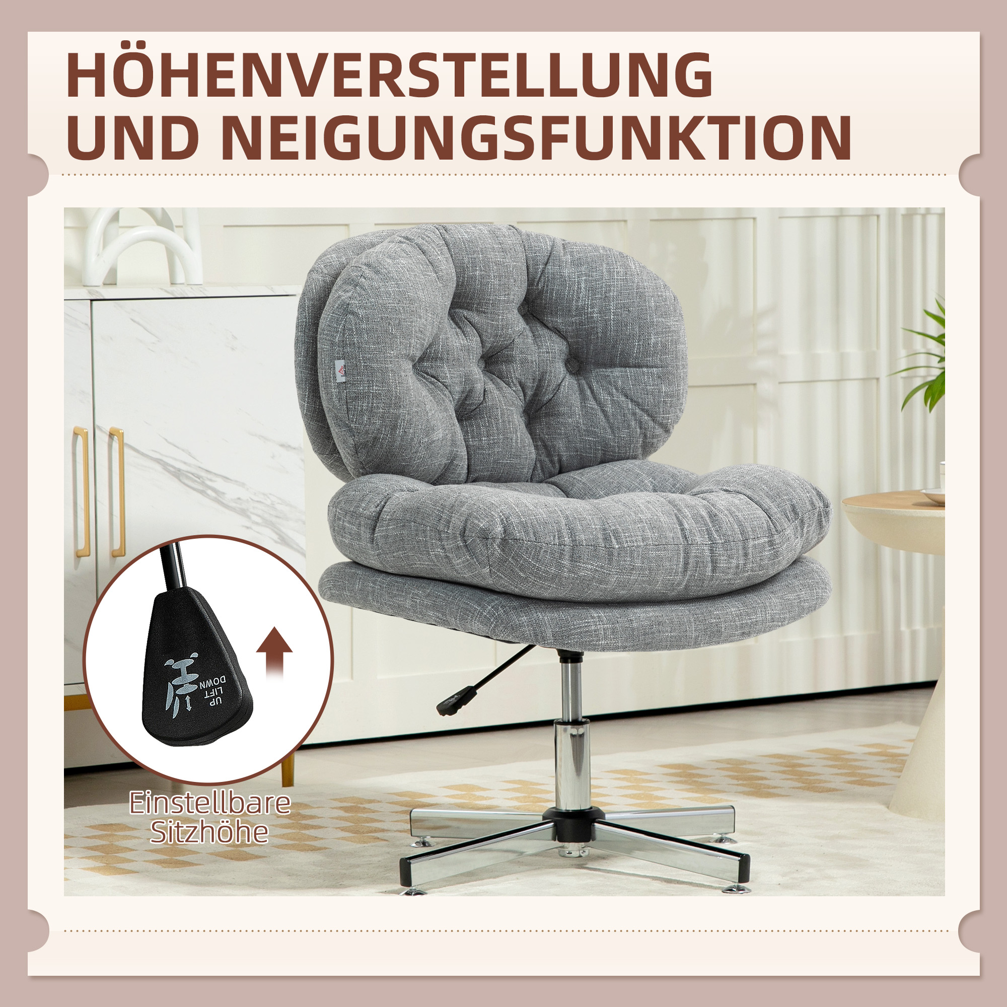 Bürostuhl ohne Armlehnen, bequemer Schreibtischstuhl mit gepolstertem Sitz und verstellbarer Höhe, Grau