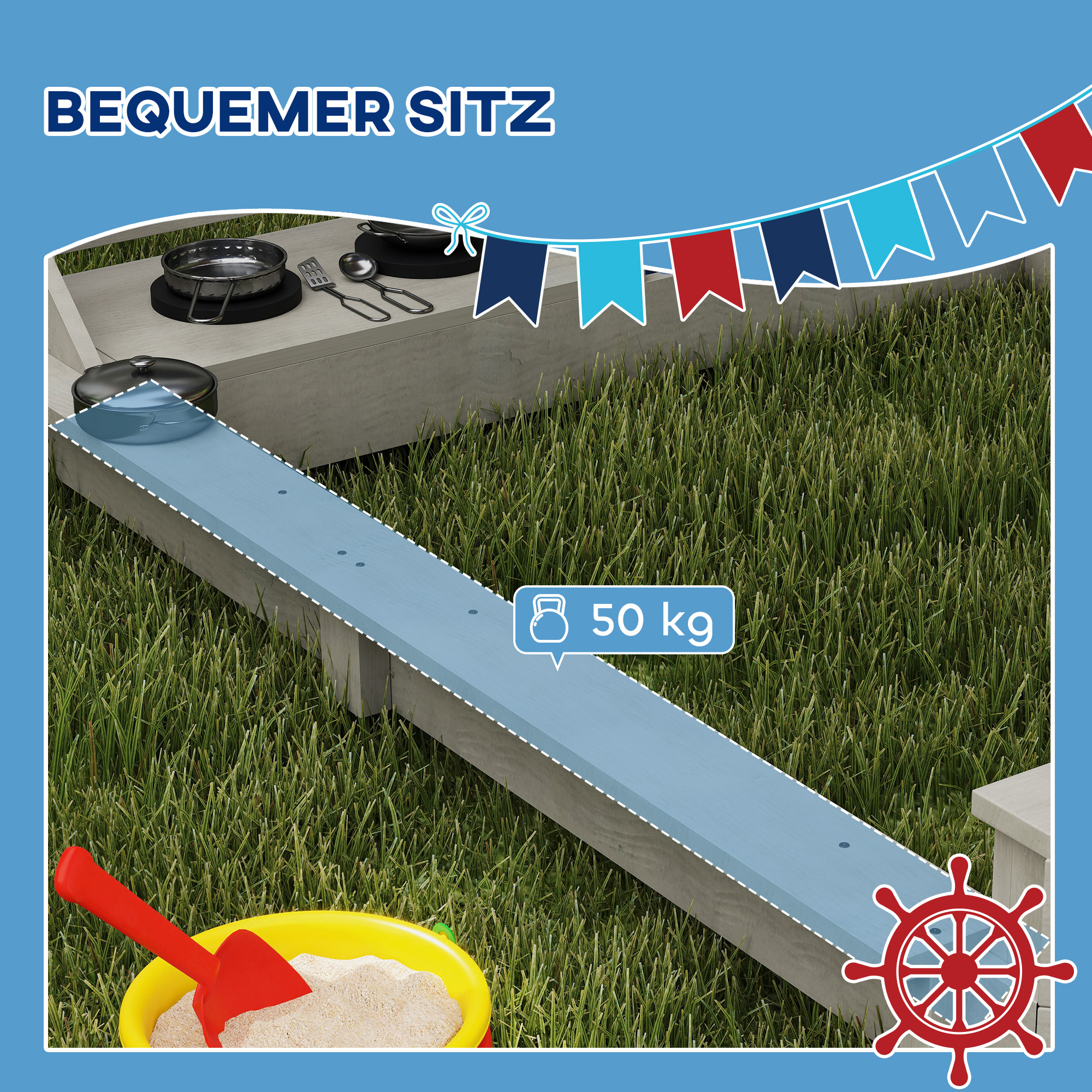 Sandkasten mit Sonnendach Piratenschiff, inkl. Kinderküchenspielset, Massivholz, 180 x 103 x 144,5 cm, Grau