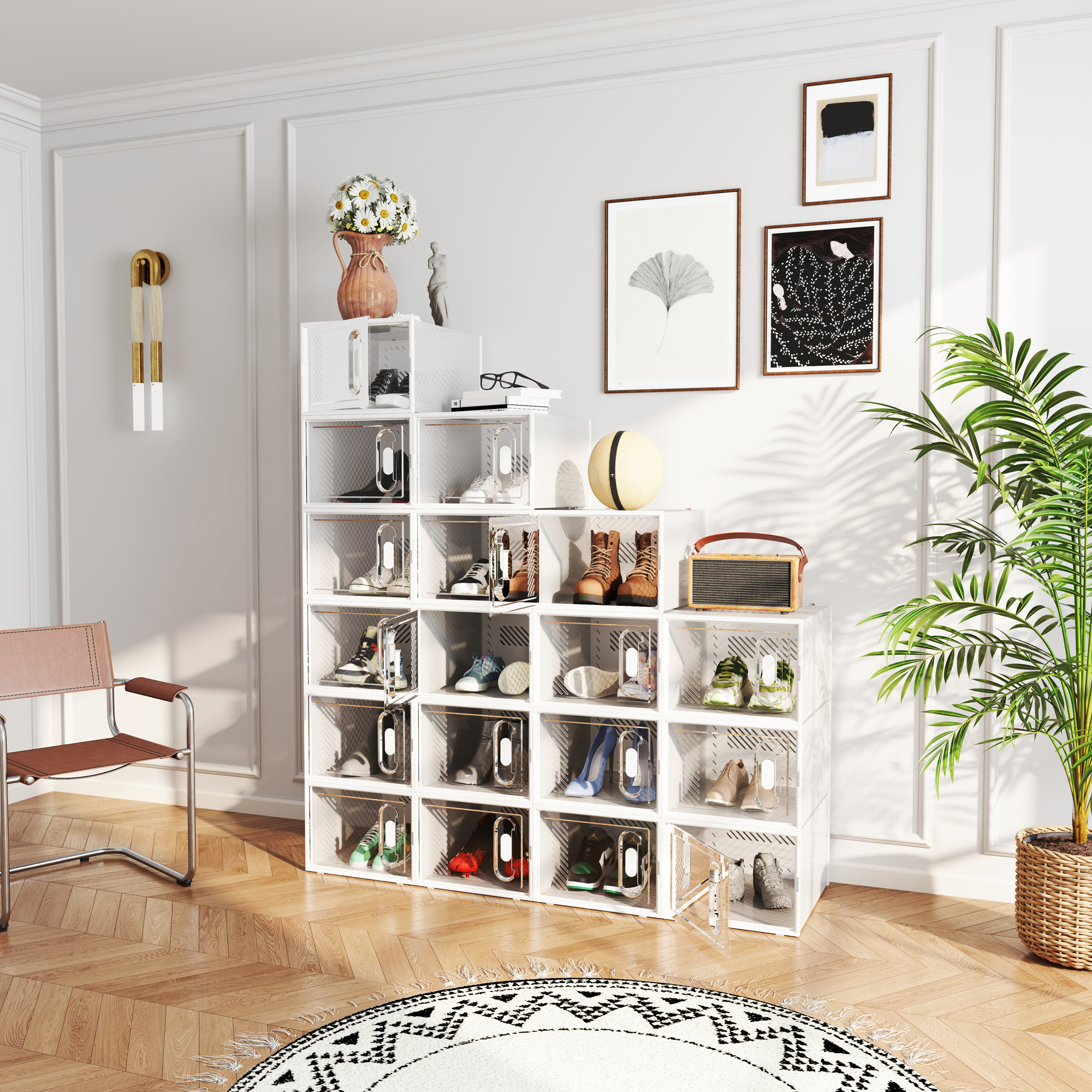 8-teiliges Schuhregal, stapelbare Schuhboxen für Schuhe bis Größe 46, magnetische Türen, Kunststoff, 28 x 36 x 21 cm